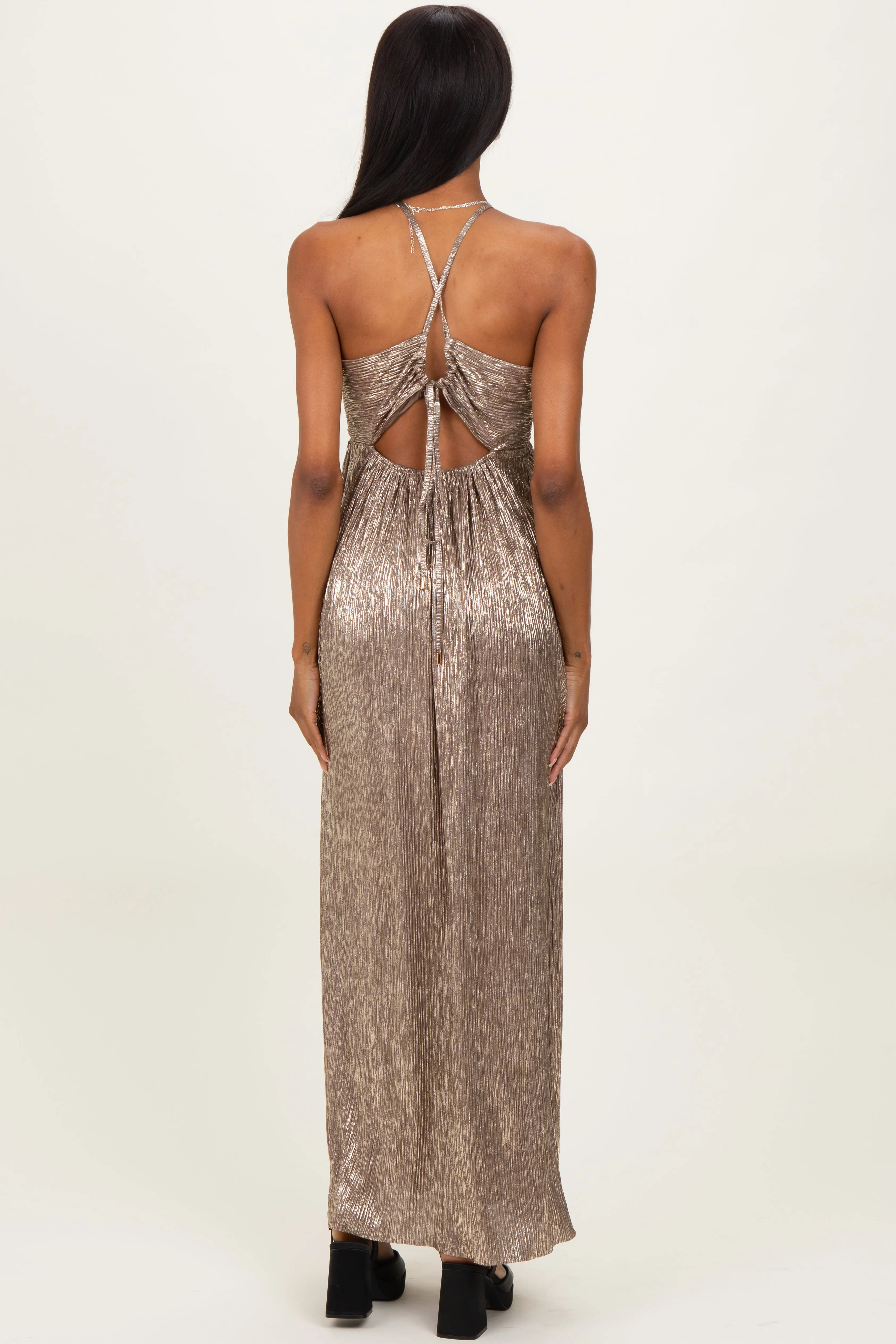 Mocha Gold Gold Foiled Plunging Maxi Dress sold by Pinkblush product image thumbnail 3