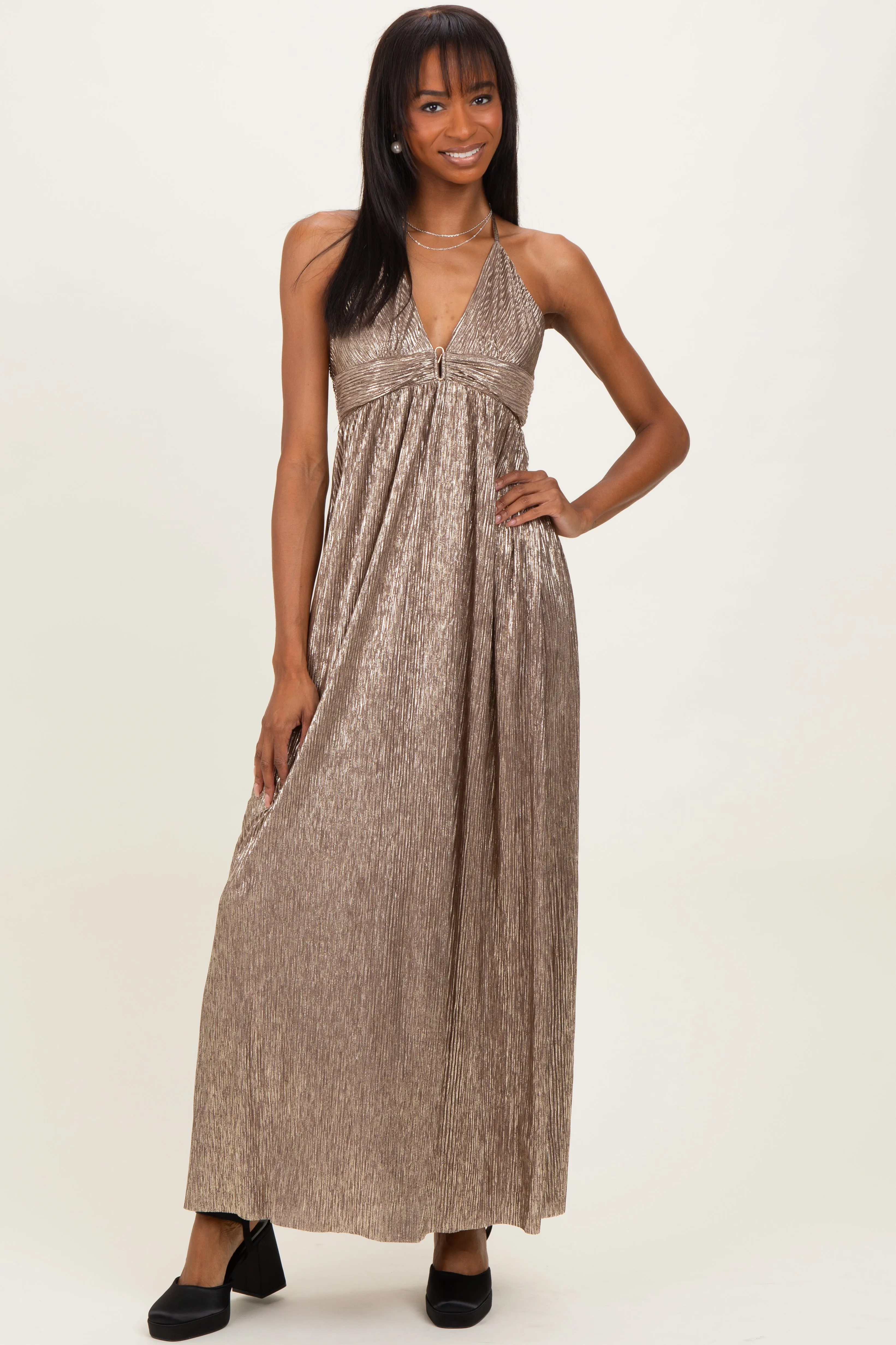 Mocha Gold Gold Foiled Plunging Maxi Dress sold by Pinkblush
