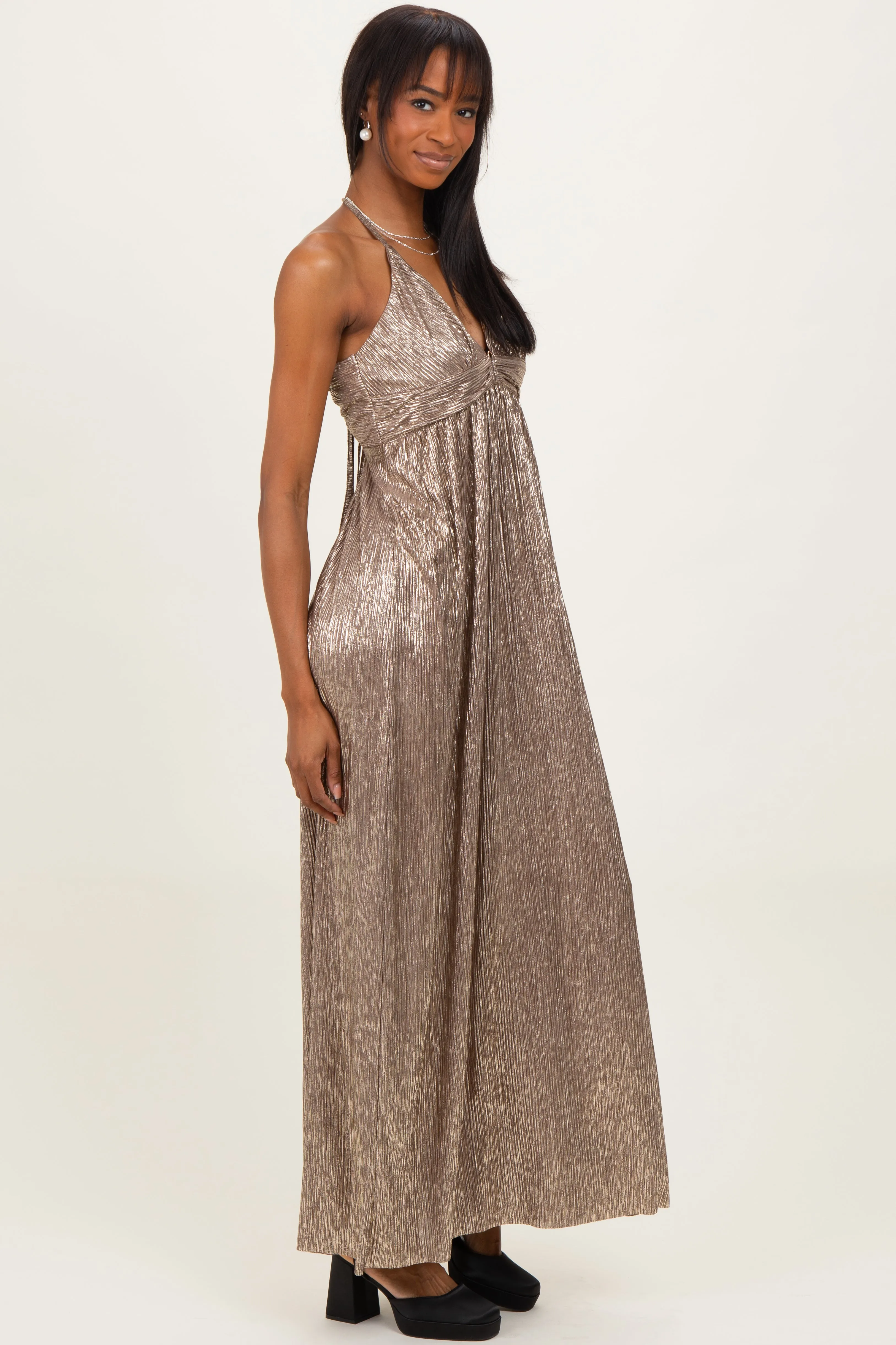 Mocha Gold Gold Foiled Plunging Maxi Dress sold by Pinkblush product image thumbnail 2