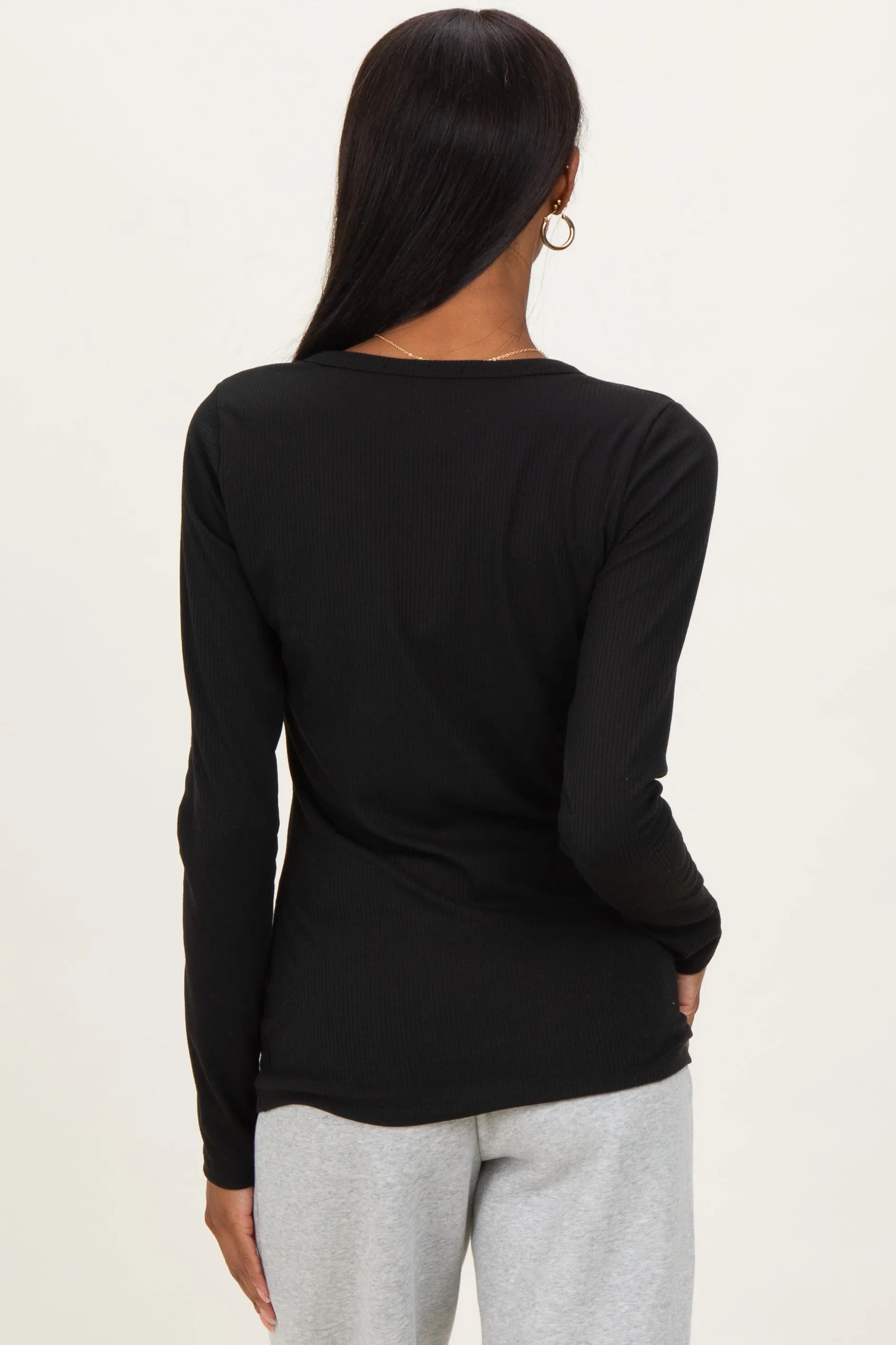 Black Solid Ribbed Long Sleeve Button Down Tunic Top sold by Pinkblush product image thumbnail 2