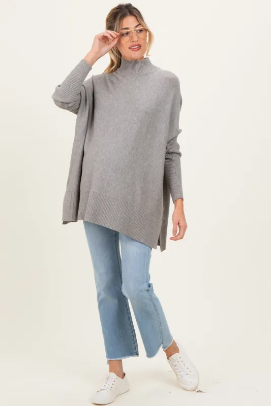 Grey Mock Neck Oversized Sir Slit Maternity Sweater Top sold by Pinkblush