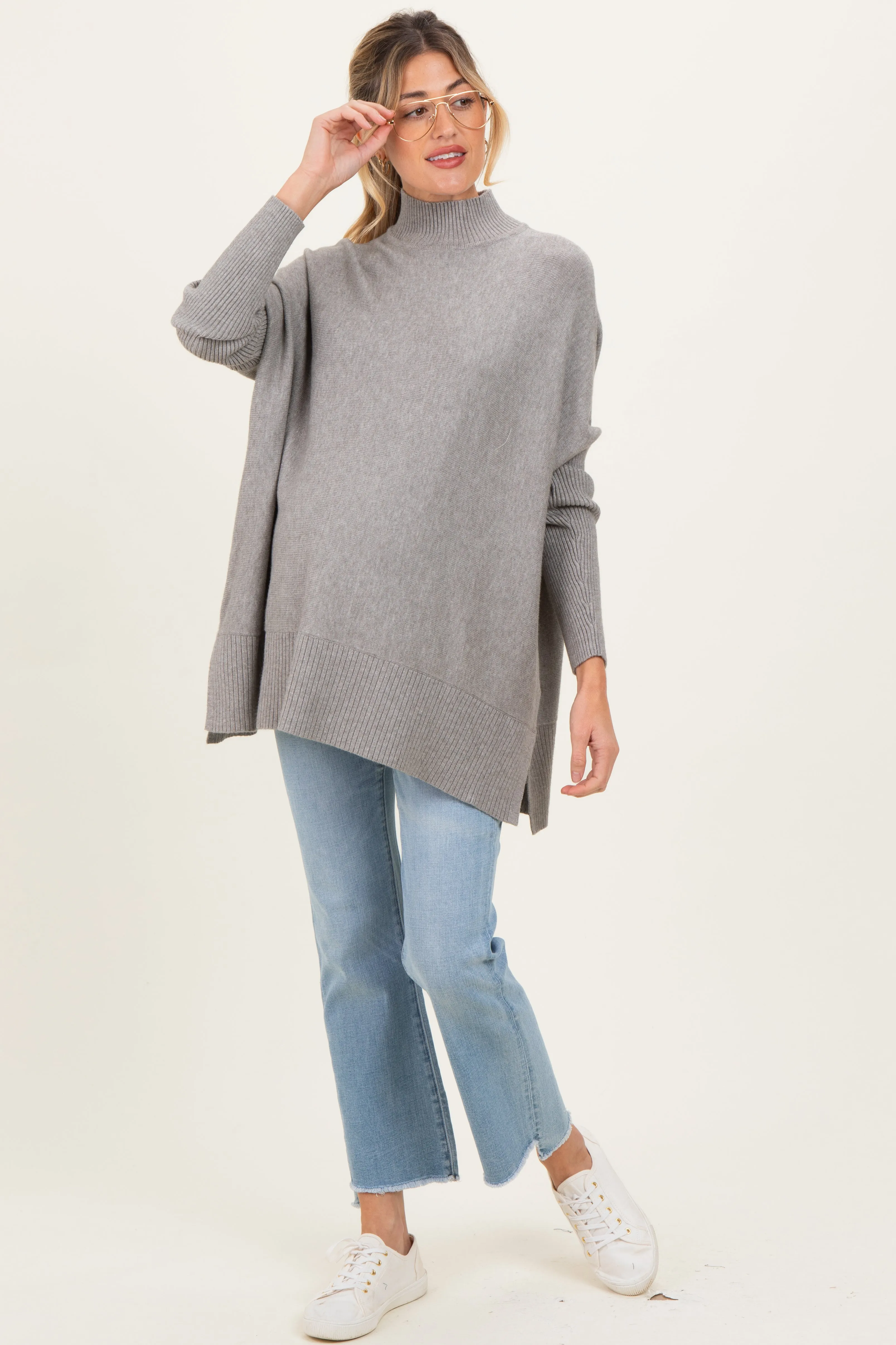 Grey Mock Neck Oversized Sir Slit Maternity Sweater Top sold by Pinkblush
