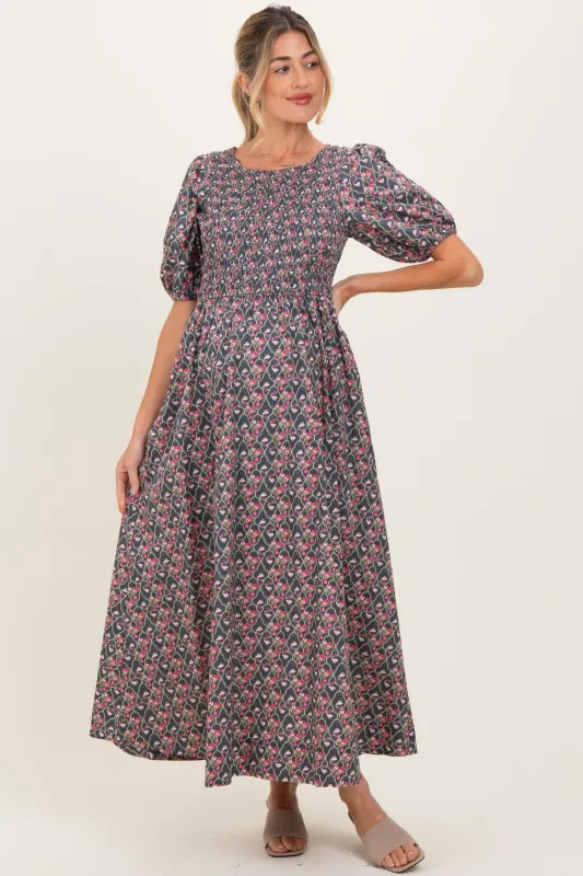 Grey Floral Smocked Puff Sleeve Maternity Maxi Dress sold by Pinkblush