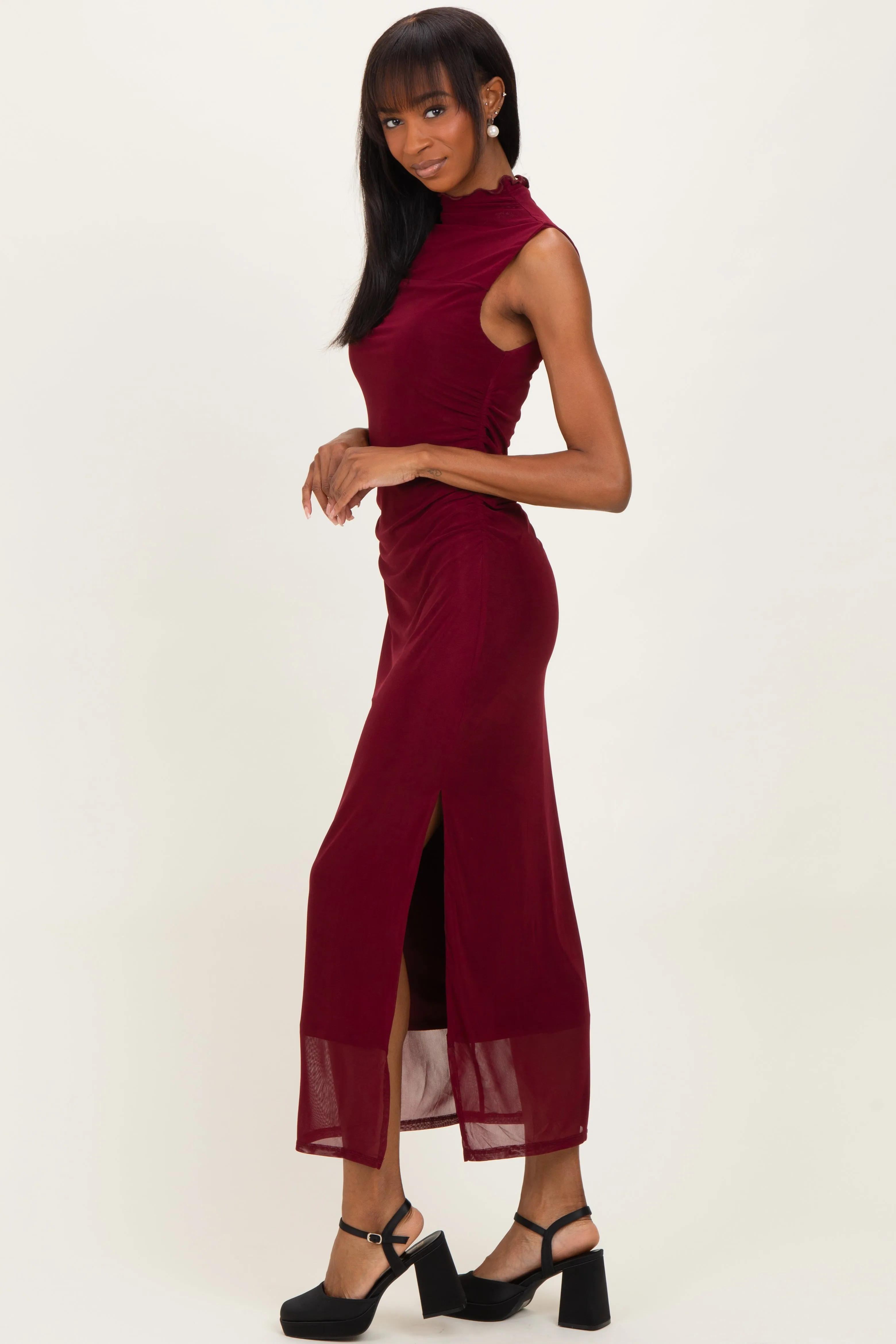 Burgundy Mock Neck Ruched Mesh Midi Dress sold by Pinkblush product image thumbnail 3