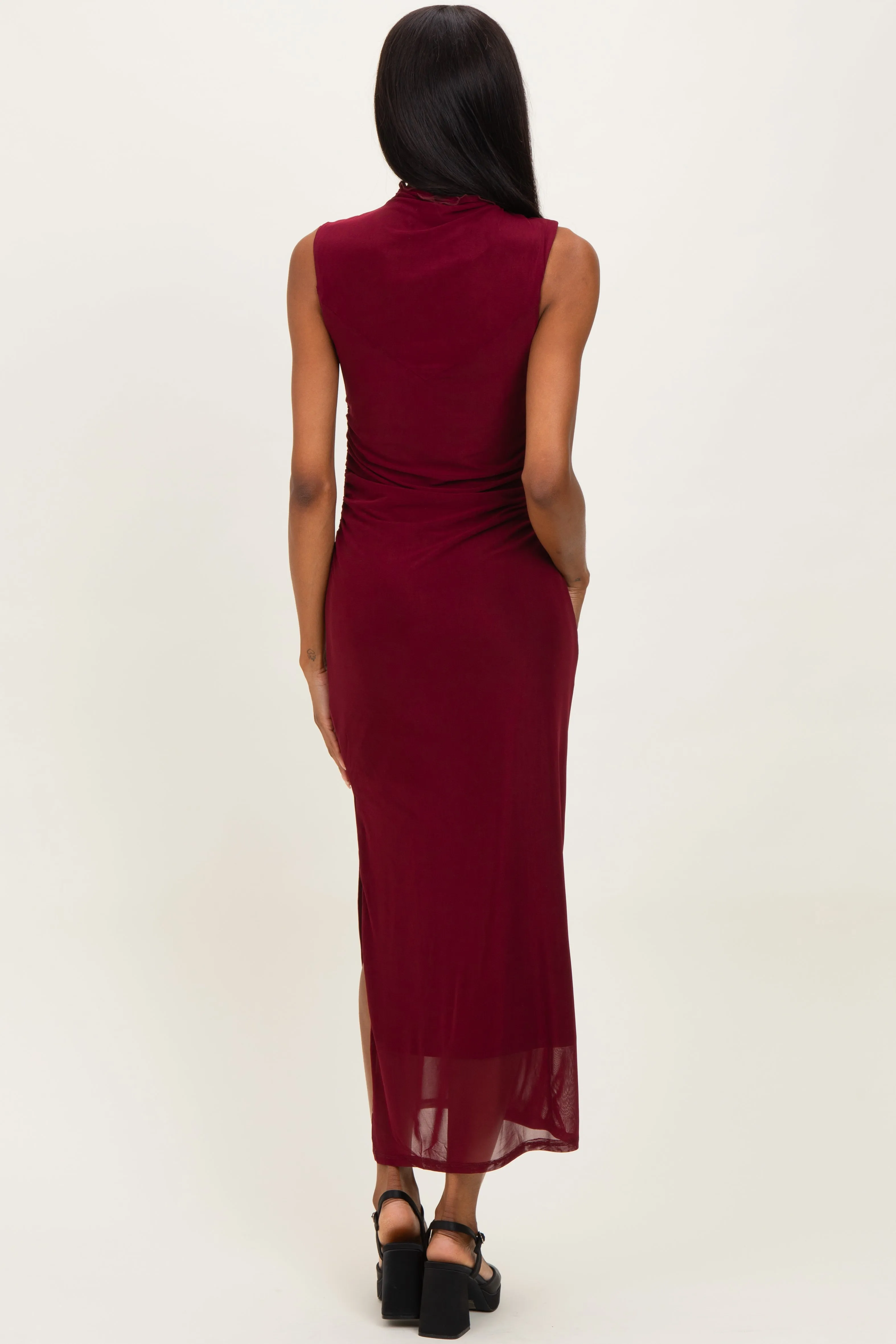 Burgundy Mock Neck Ruched Mesh Midi Dress sold by Pinkblush product image thumbnail 4
