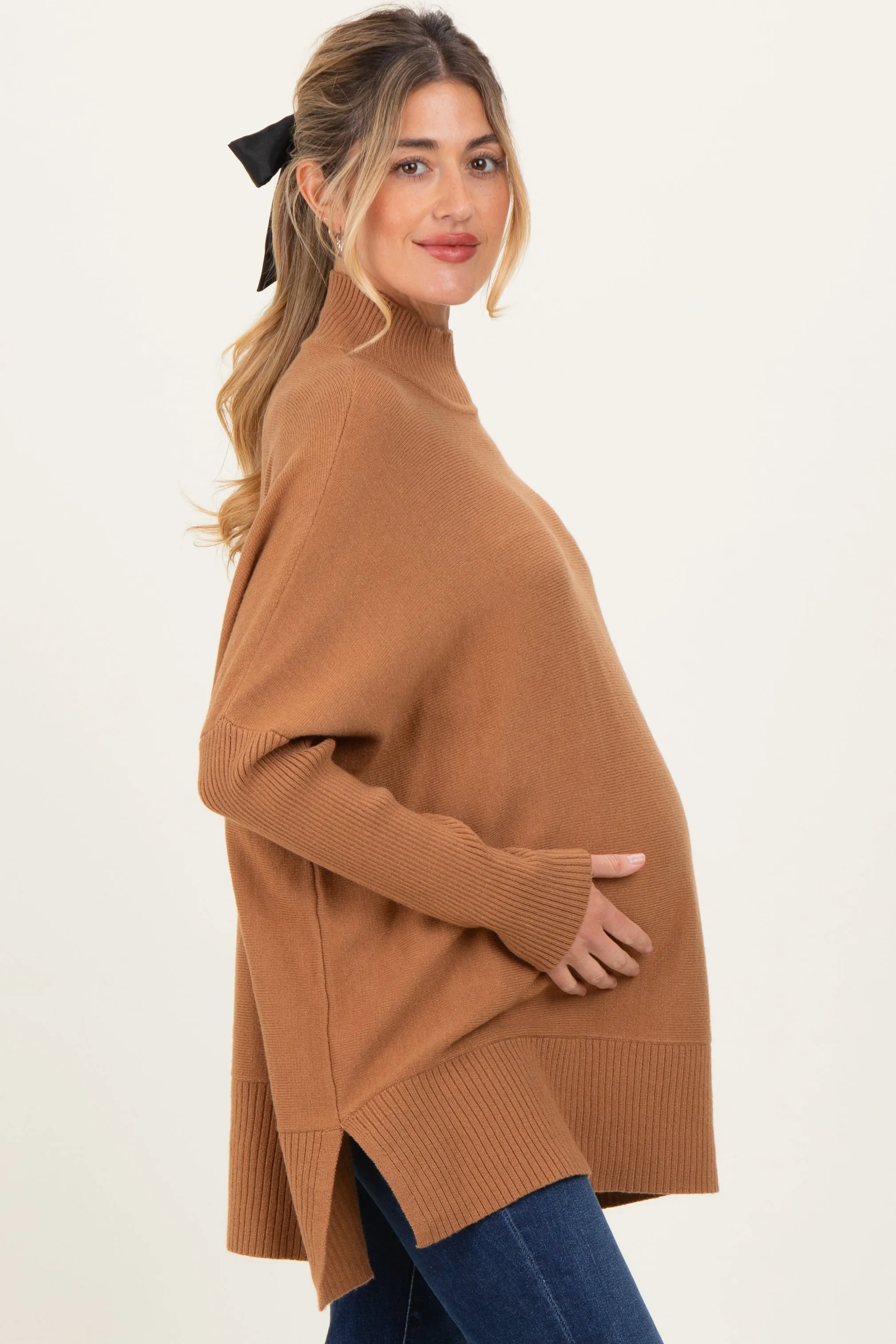 Camel Mock Neck Oversized Sir Slit Maternity Sweater Top sold by Pinkblush product image thumbnail 2