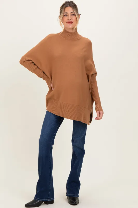 Camel Mock Neck Oversized Sir Slit Maternity Sweater Top sold by Pinkblush