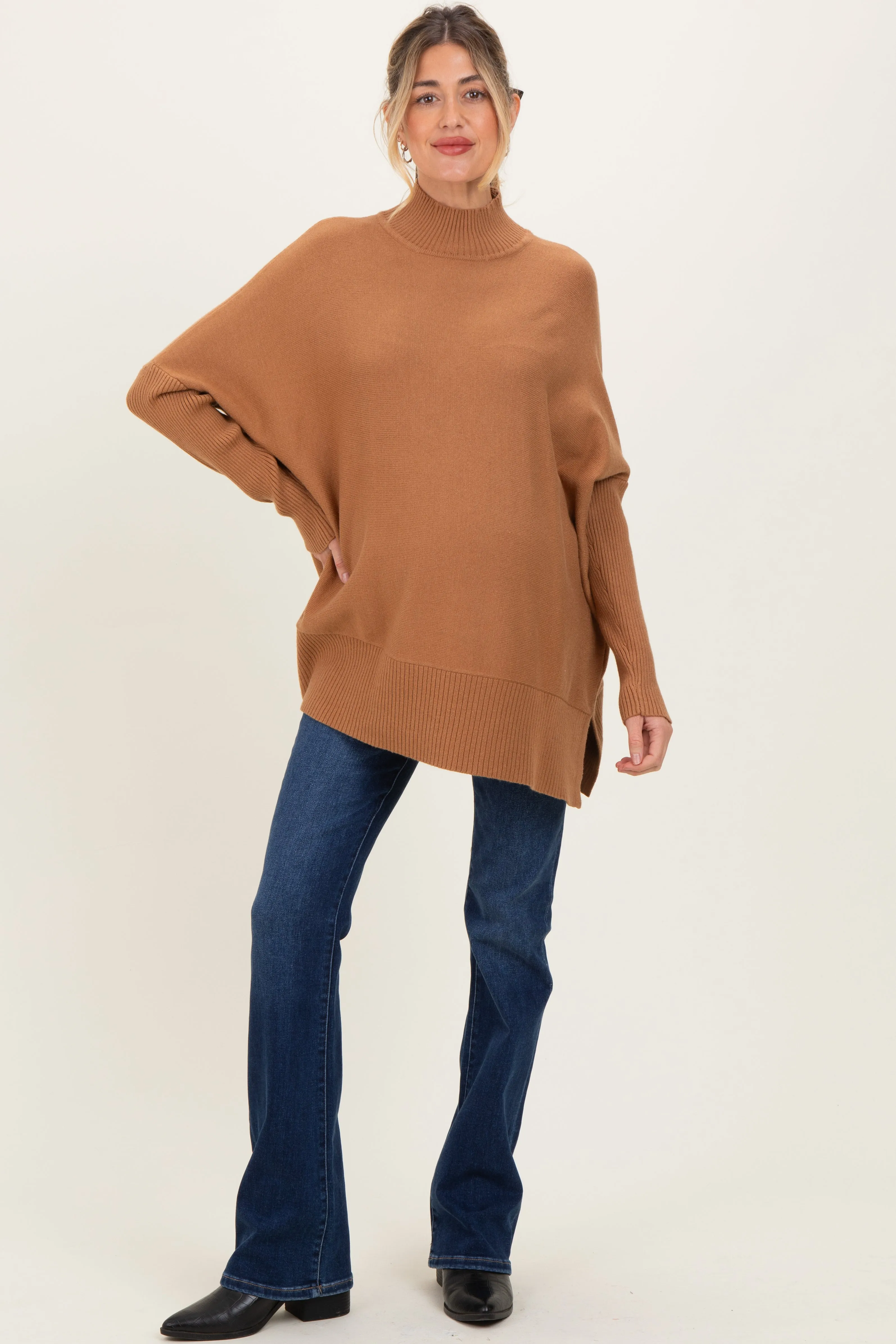 Camel Mock Neck Oversized Sir Slit Maternity Sweater Top sold by Pinkblush
