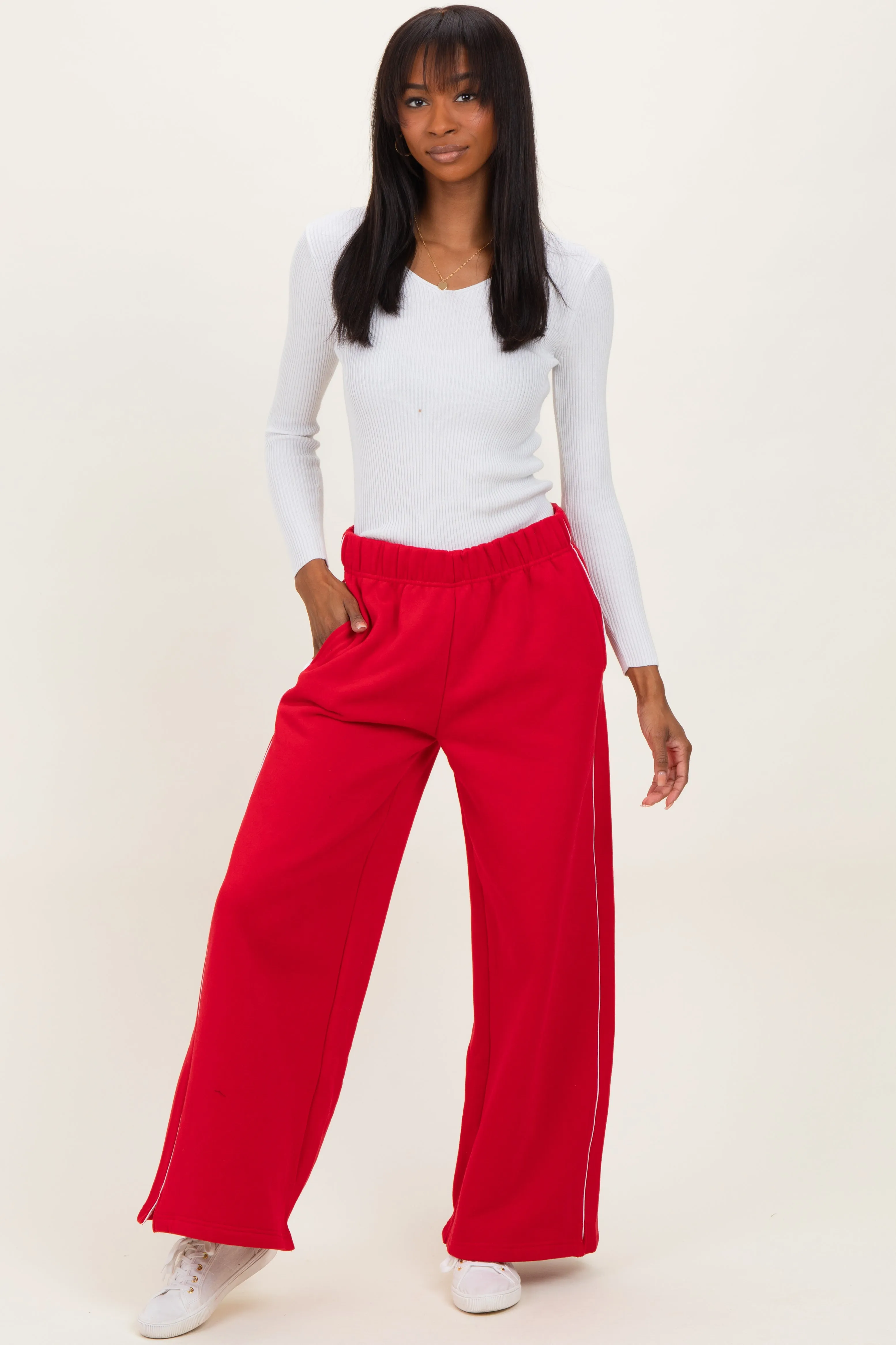 Red Fleece Wide Leg Sweatpants sold by Pinkblush