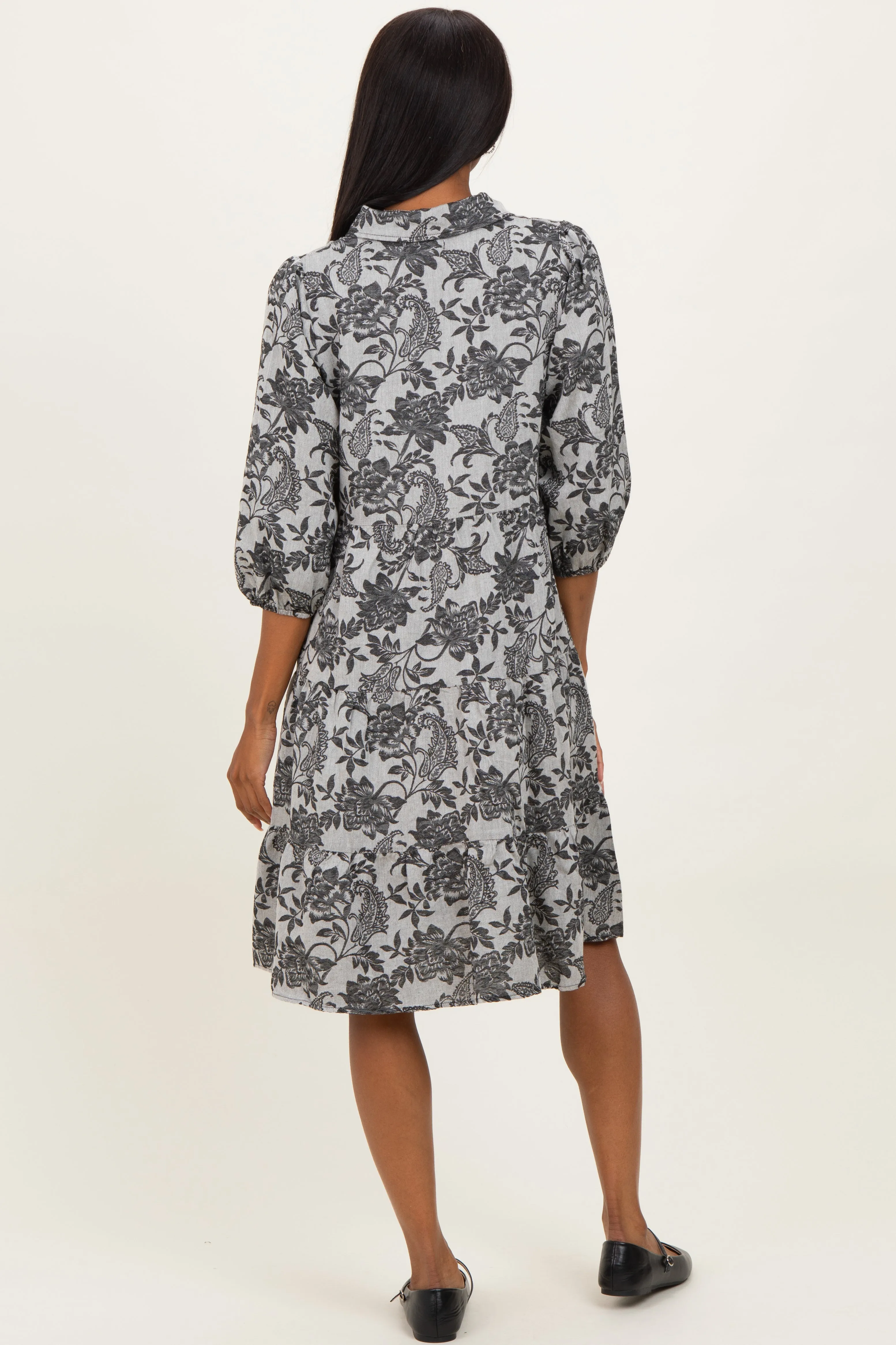 Black Floral Button Down 3/4 Sleeve Midi Dress sold by Pinkblush product image thumbnail 2