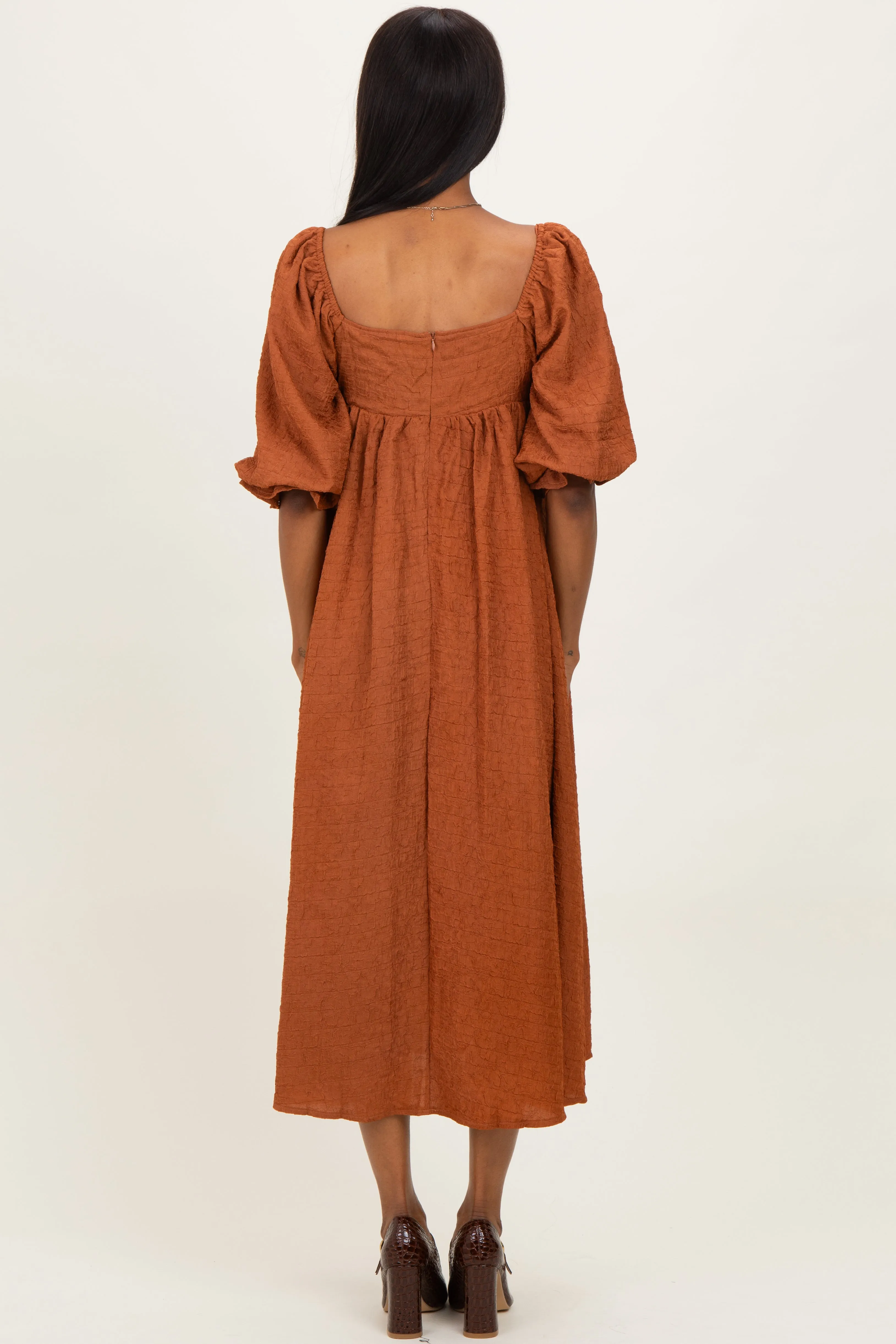 Rust Textured 3/4 Puff Sleeve Maxi Dress sold by Pinkblush product image thumbnail 2