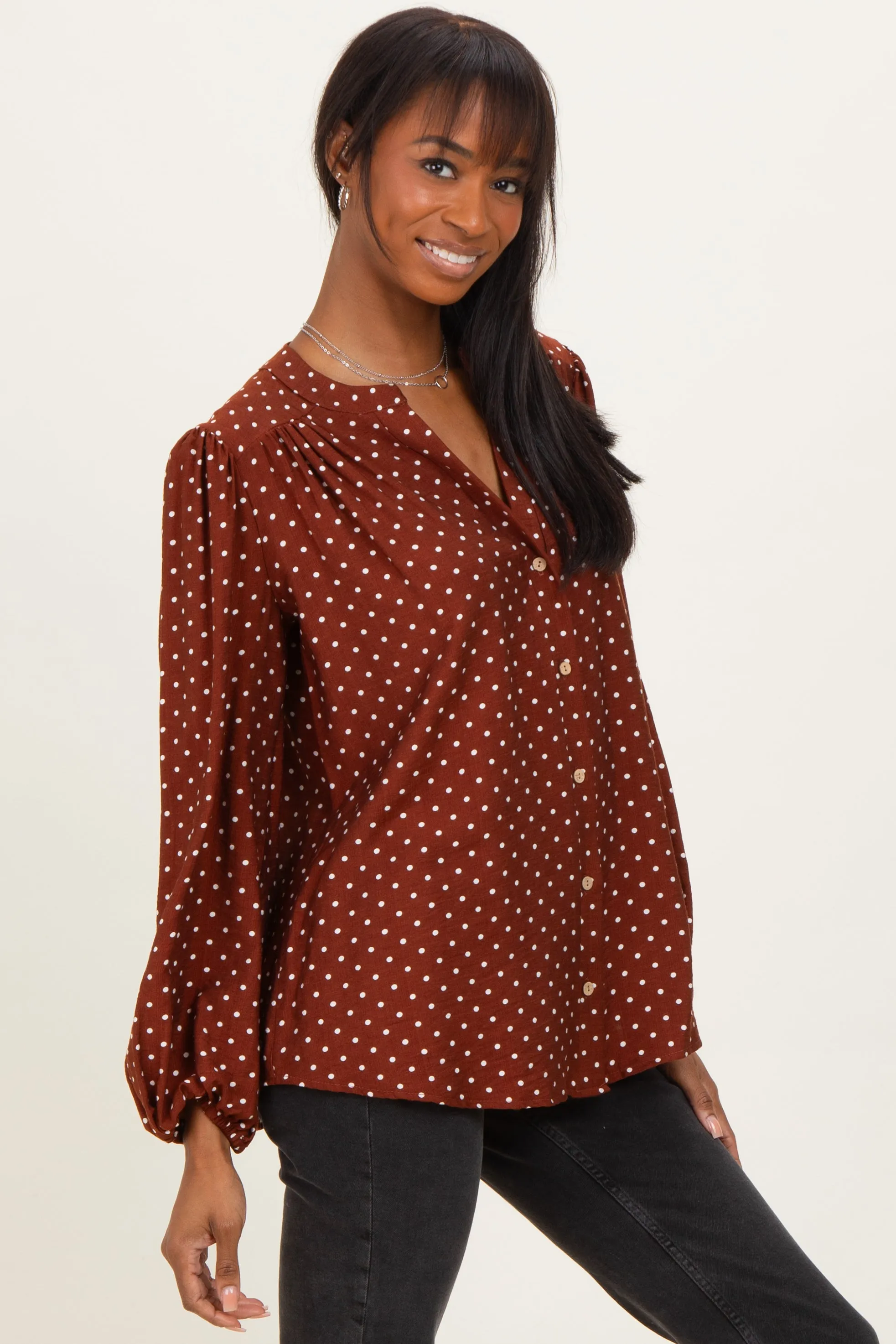 Brown Polka Dot Long Sleeve Button Down V-Neck Top sold by Pinkblush product image thumbnail 2