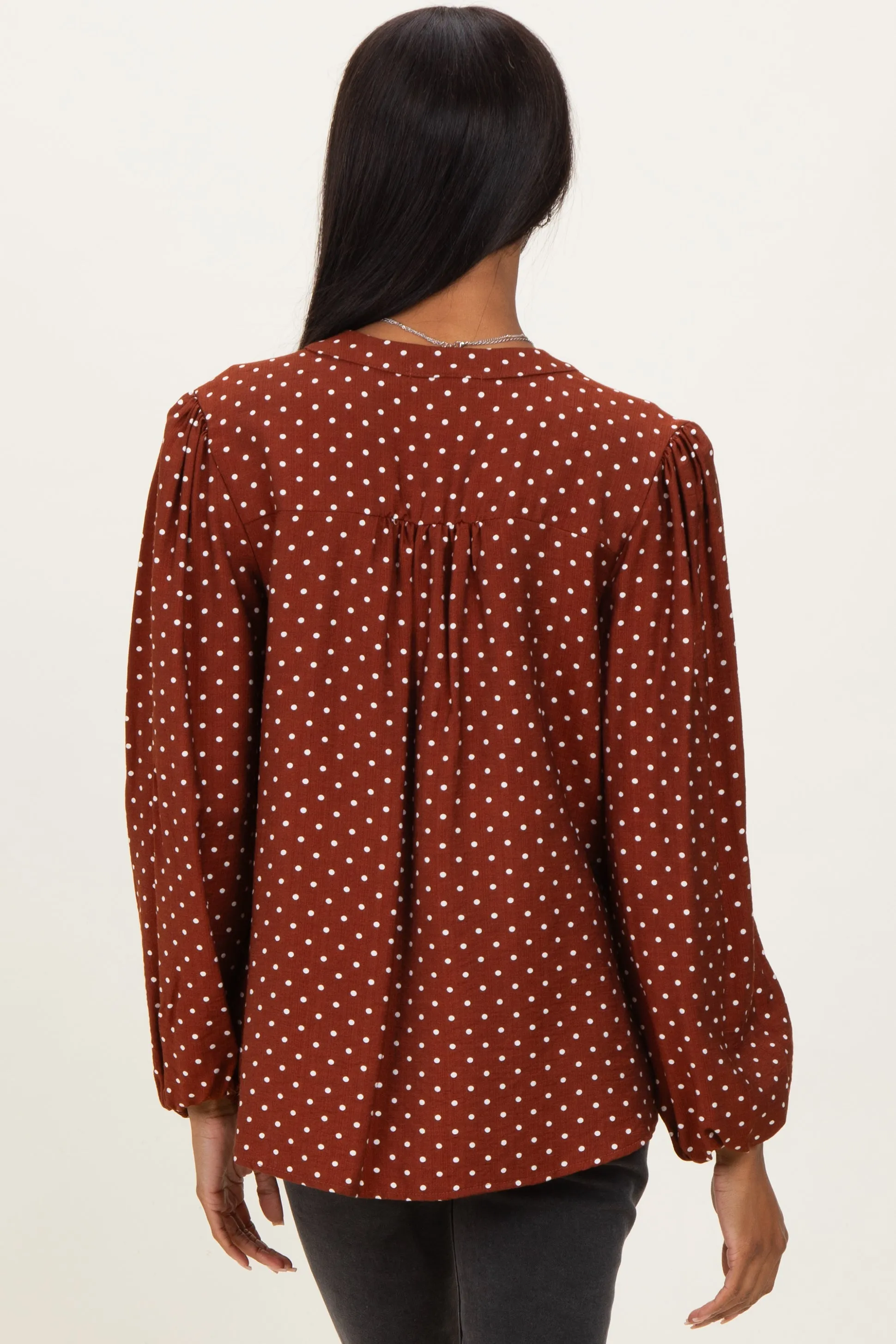 Brown Polka Dot Long Sleeve Button Down V-Neck Top sold by Pinkblush product image thumbnail 3