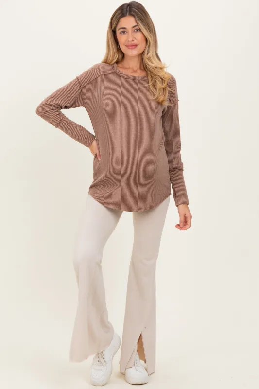 Mocha Textured Rib Thumb Hole Maternity Long Sleeve Top sold by Pinkblush