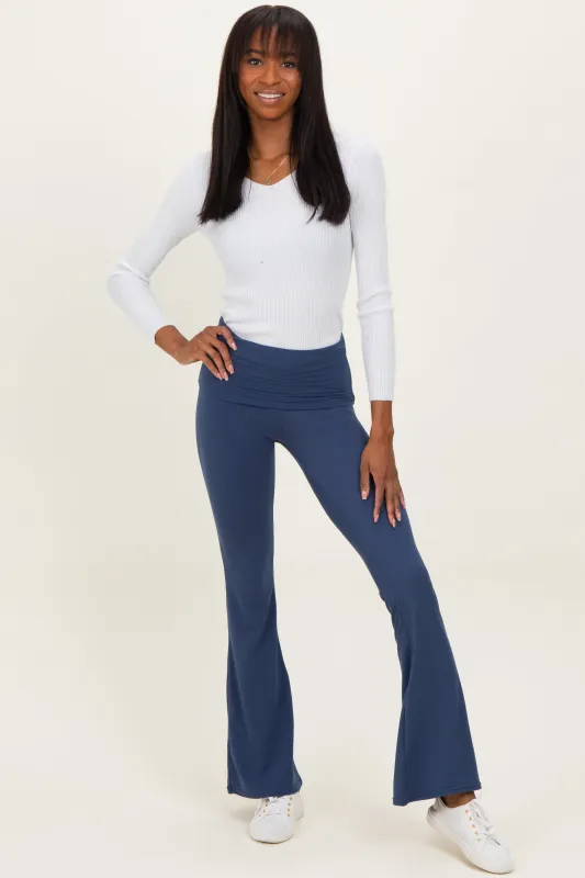 Navy Fold Over Waistband Flared Pants sold by Pinkblush