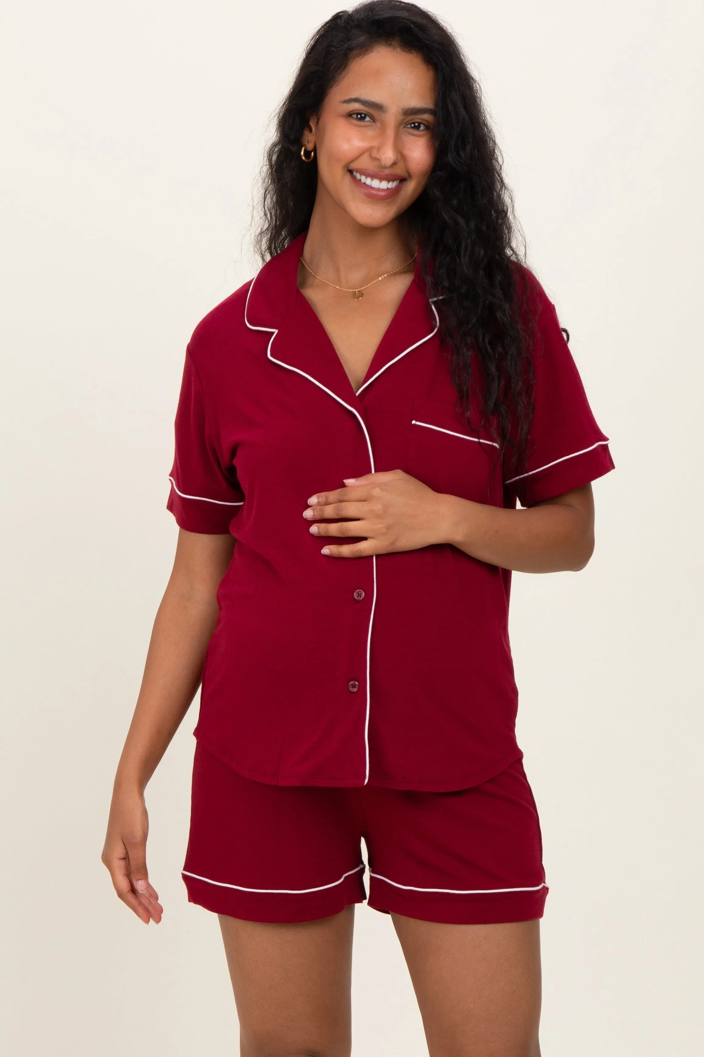 Burgundy Short Sleeve Button Down Shirt Shorts Maternity Set sold by Pinkblush product image thumbnail 2