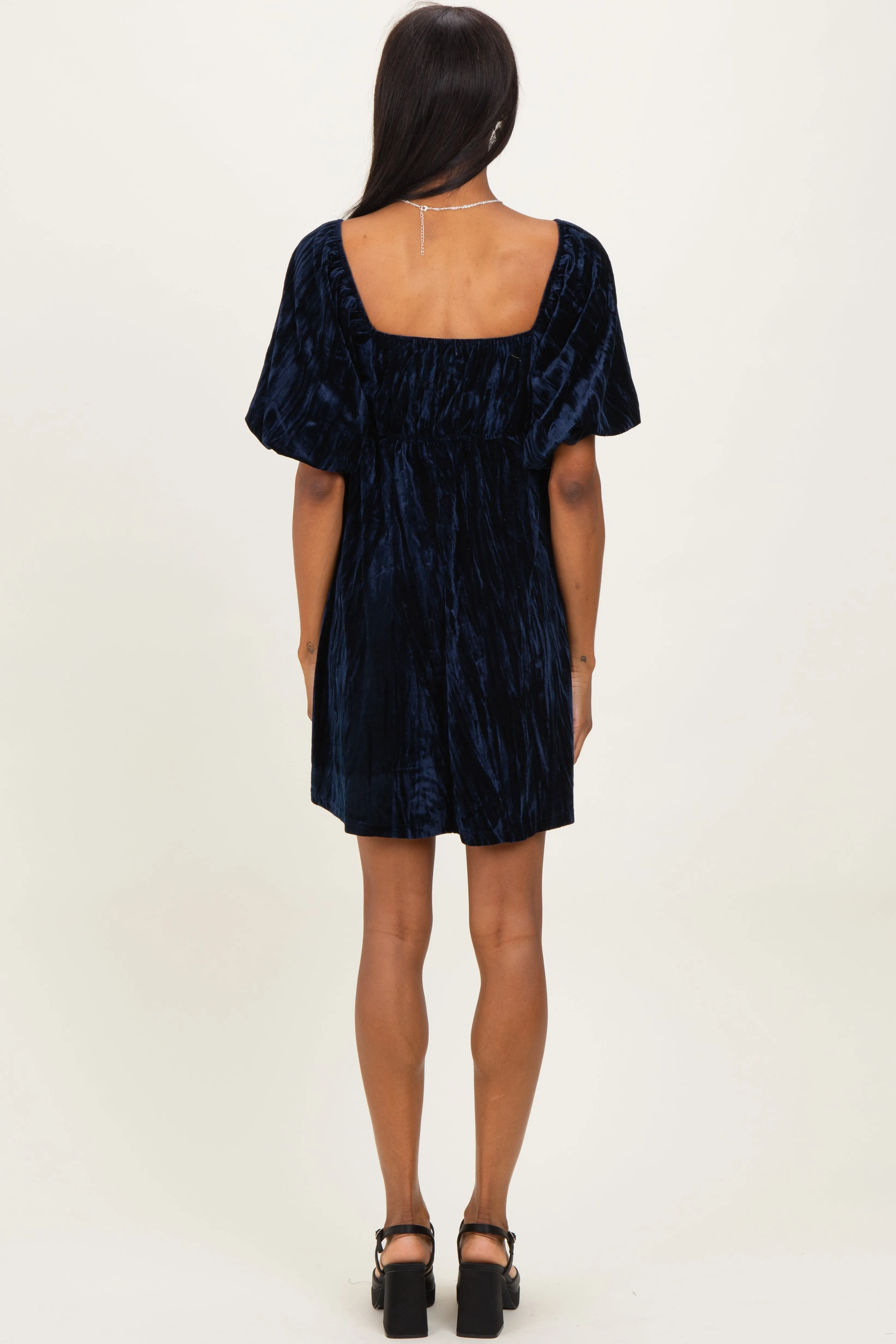 Navy Crushed Velvet Puff Sleeve Mini Dress sold by Pinkblush product image thumbnail 3