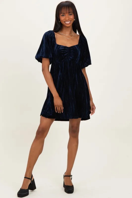 Navy Crushed Velvet Puff Sleeve Mini Dress sold by Pinkblush