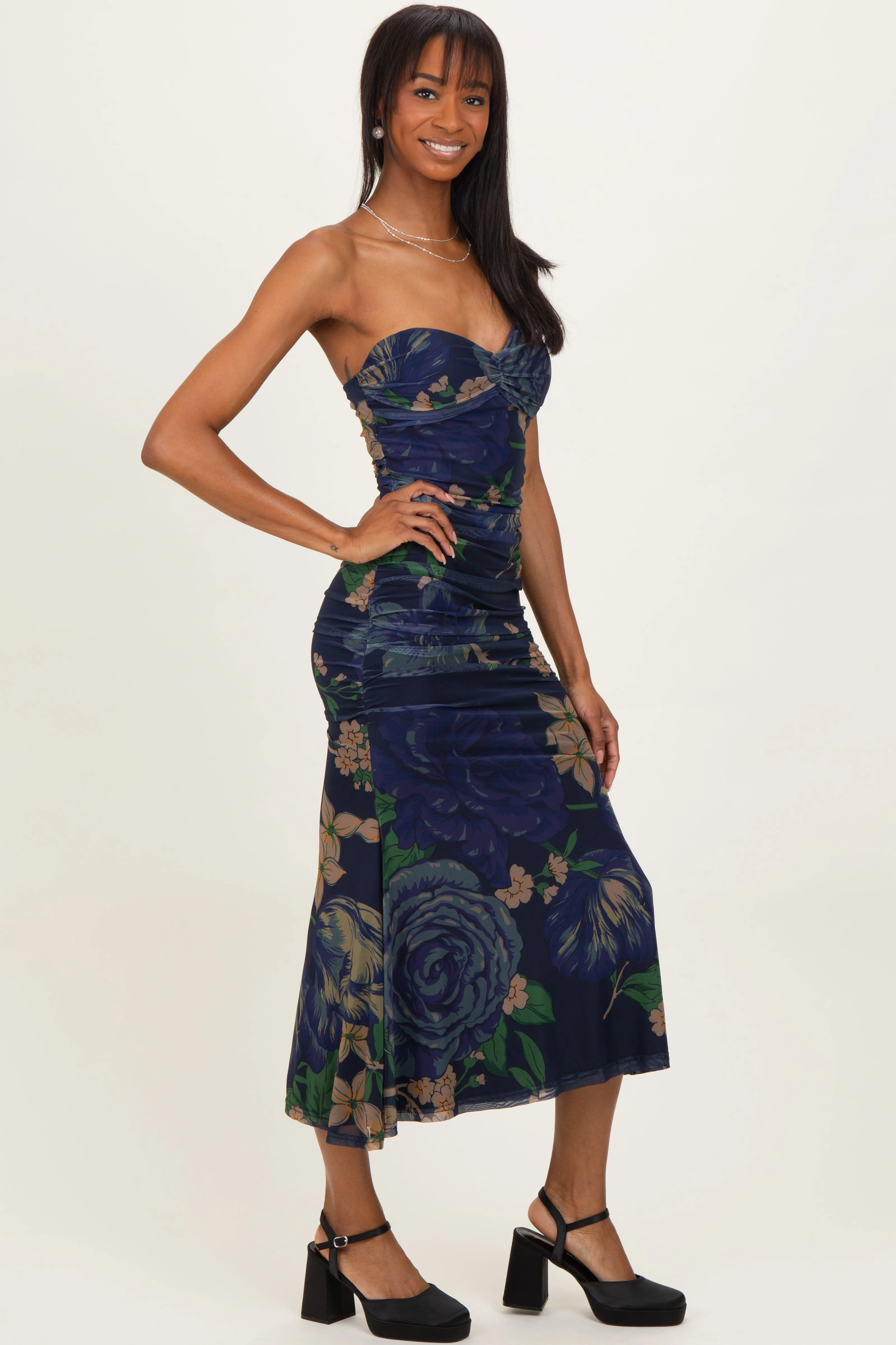 Navy Floral Mesh Ruched Midi Dress sold by Pinkblush product image thumbnail 2