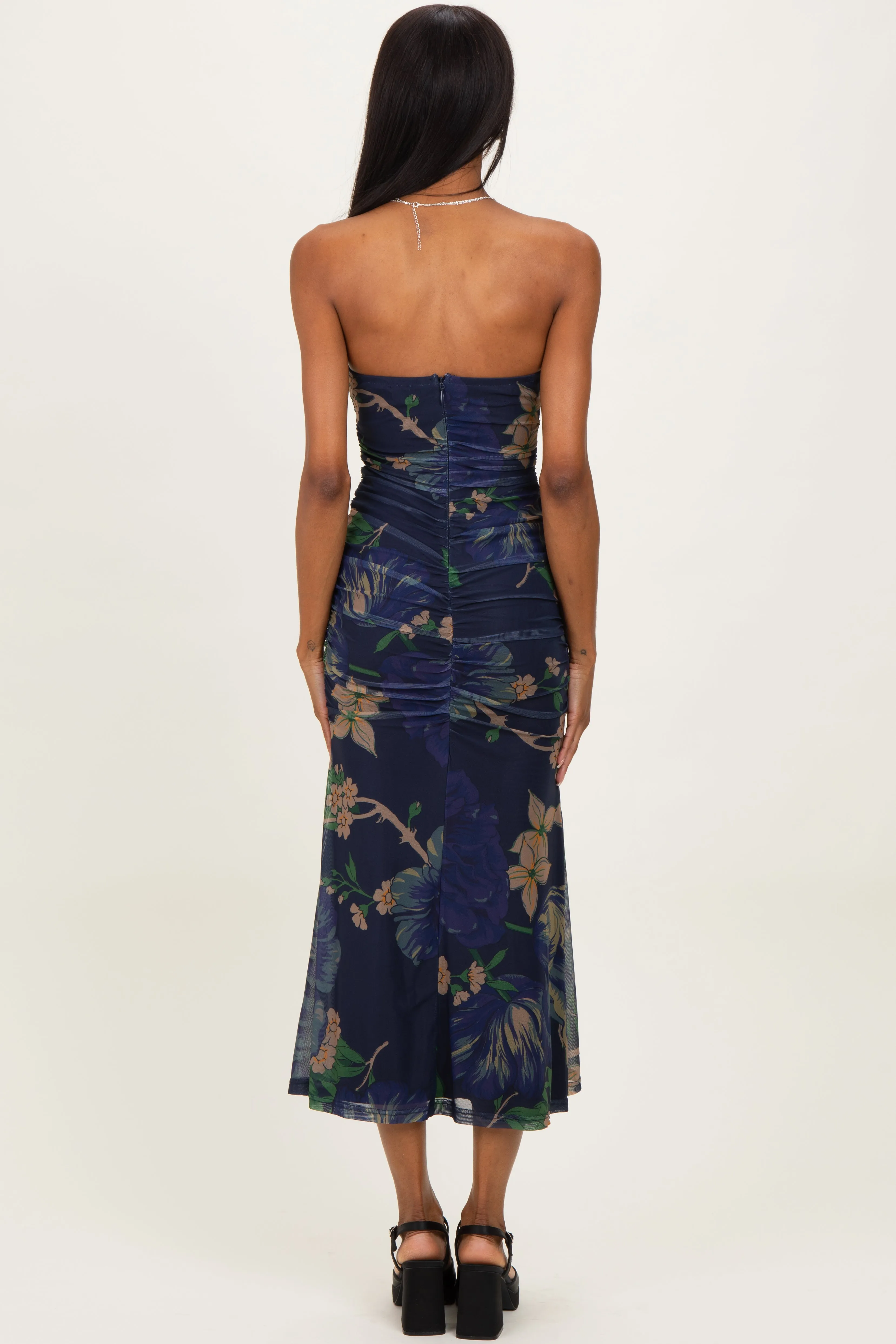 Navy Floral Mesh Ruched Midi Dress sold by Pinkblush product image thumbnail 3