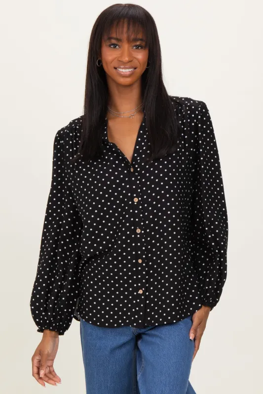 Black Polka Dot Long Sleeve Button Down V-Neck Top sold by Pinkblush