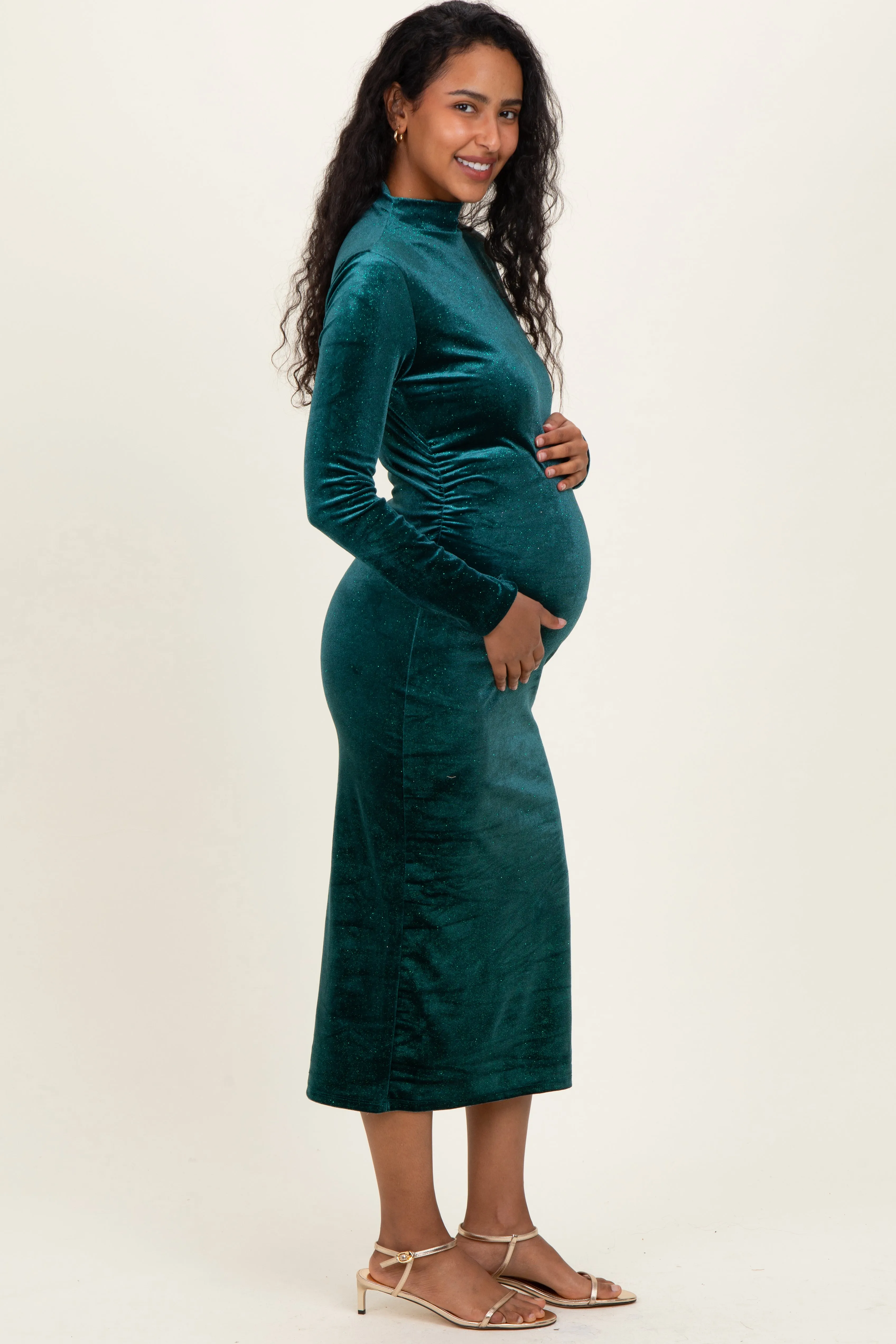 Forest Green Glitter Velvet Ruched Maternity Midi Dress sold by Pinkblush product image thumbnail 3
