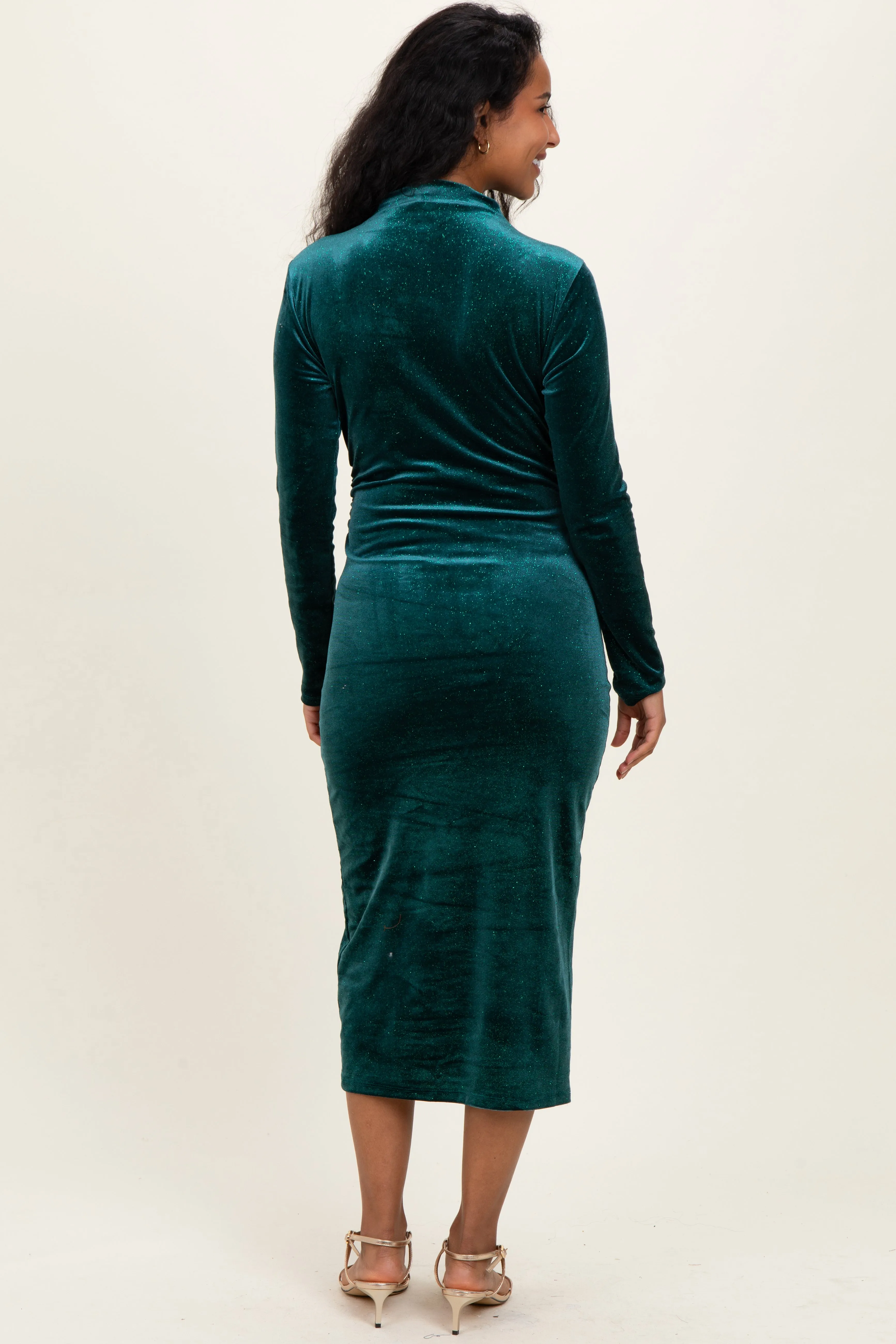 Forest Green Glitter Velvet Ruched Maternity Midi Dress sold by Pinkblush product image thumbnail 4