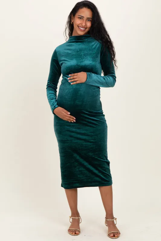 Forest Green Glitter Velvet Ruched Maternity Midi Dress sold by Pinkblush