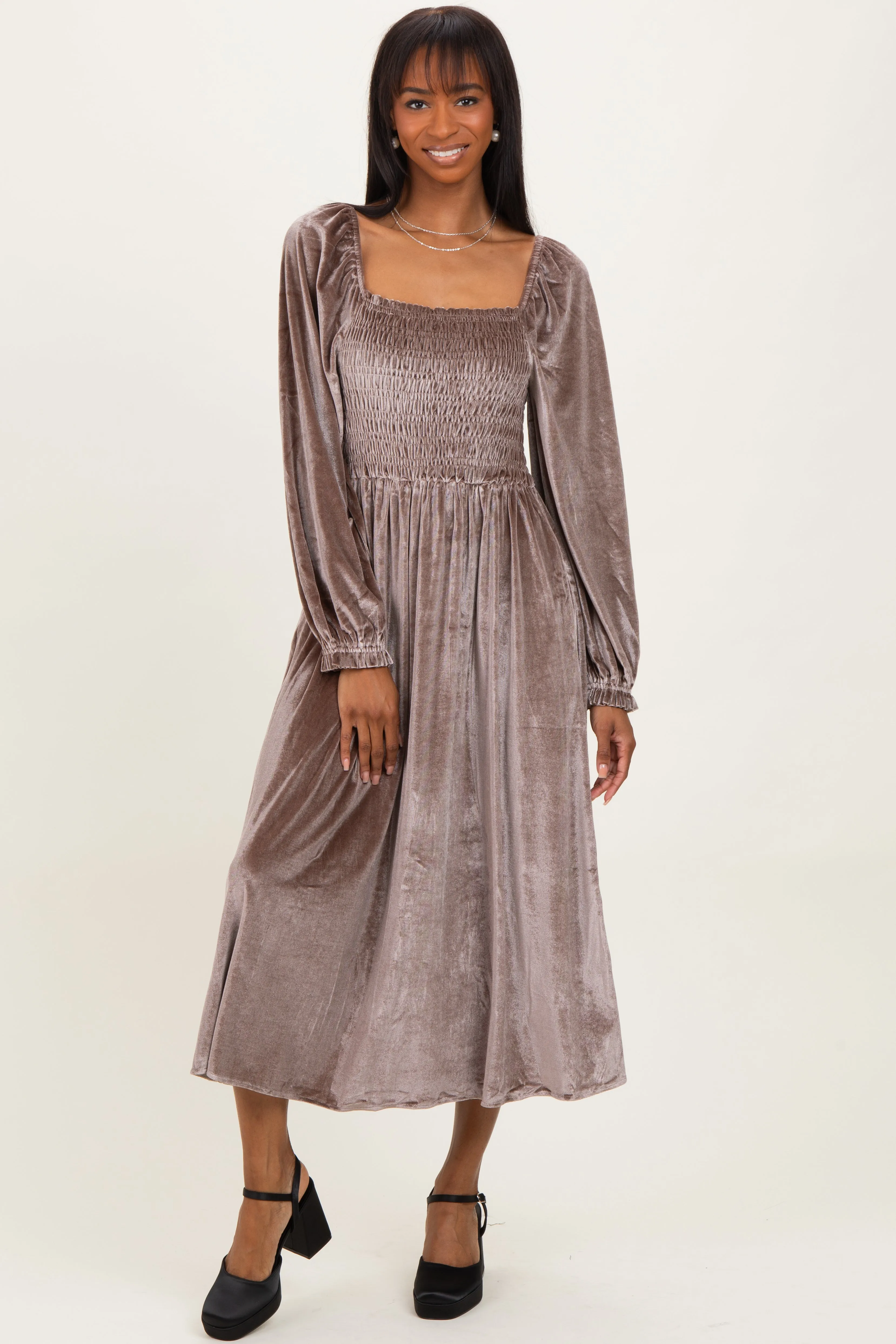 Taupe Velvet Smocked Long Sleeve Maxi Dress sold by Pinkblush