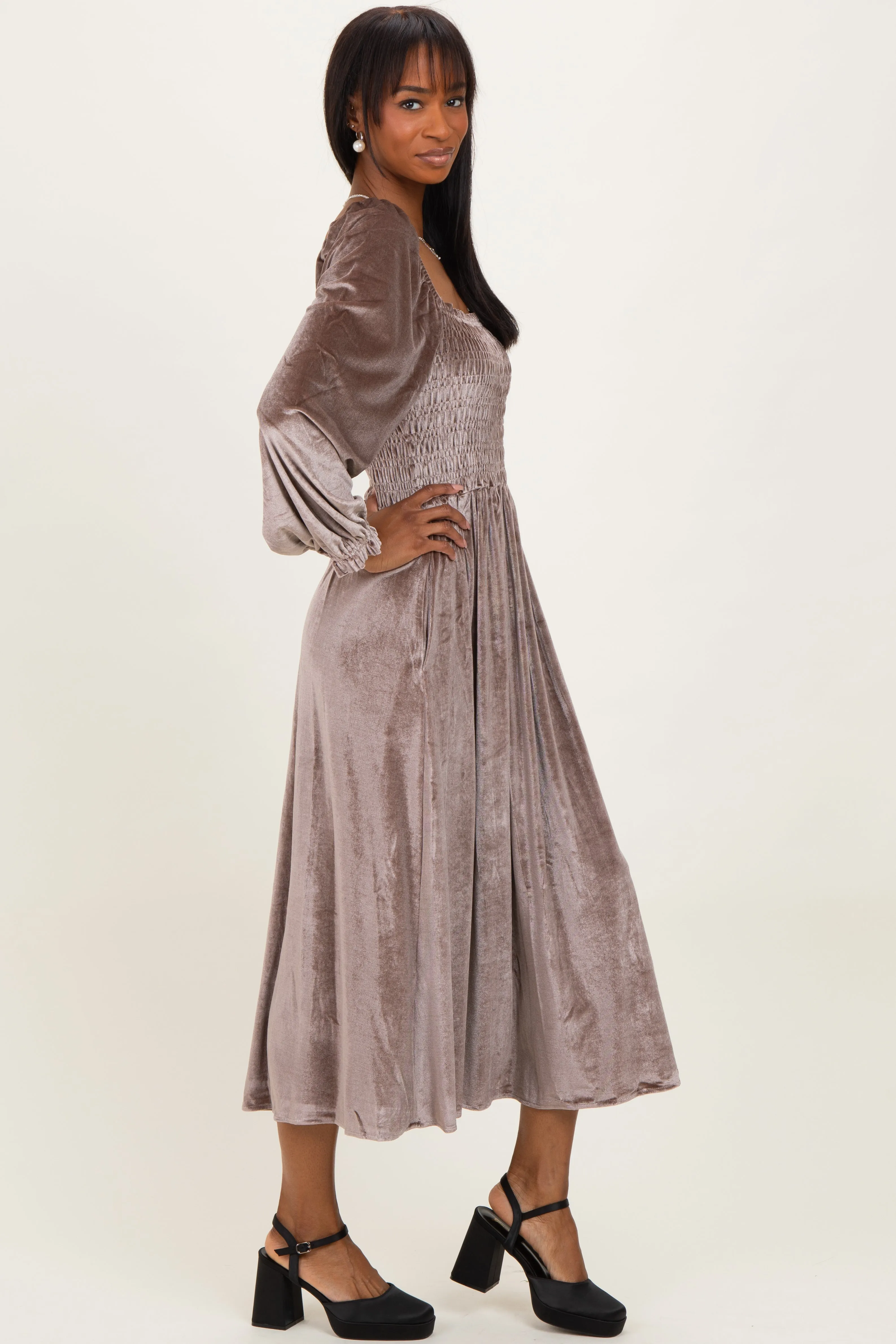 Taupe Velvet Smocked Long Sleeve Maxi Dress sold by Pinkblush product image thumbnail 2