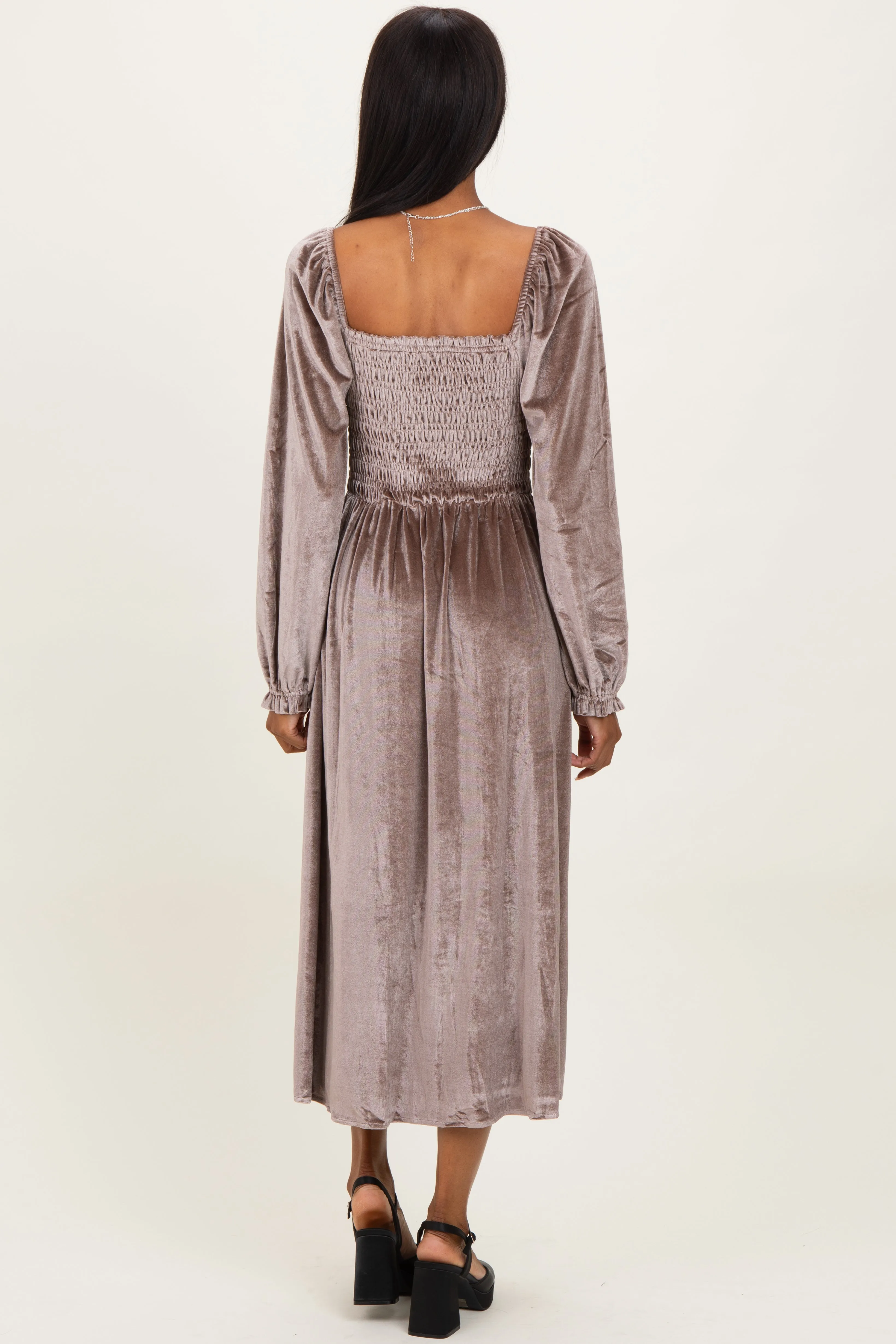 Taupe Velvet Smocked Long Sleeve Maxi Dress sold by Pinkblush product image thumbnail 3