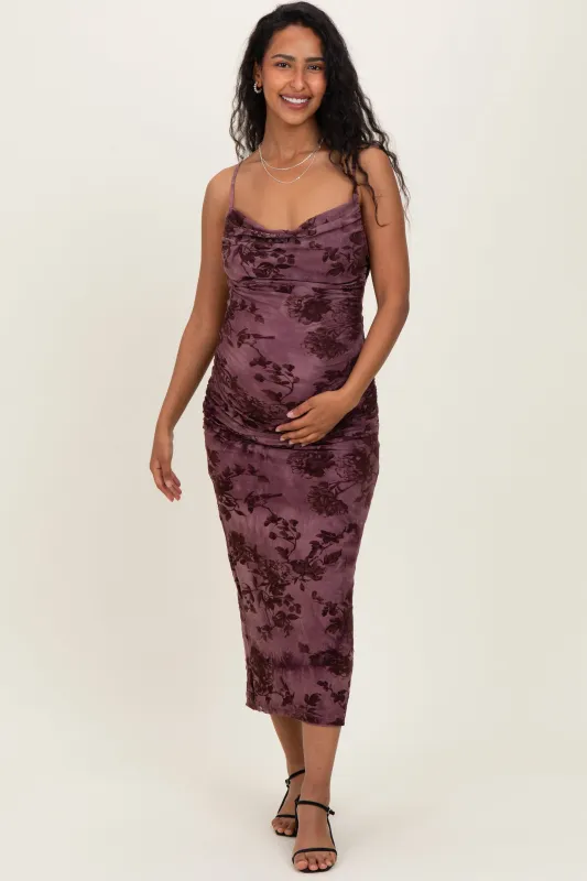 Mauve Floral Mesh Cowl Neck Maternity Midi Dress sold by Pinkblush