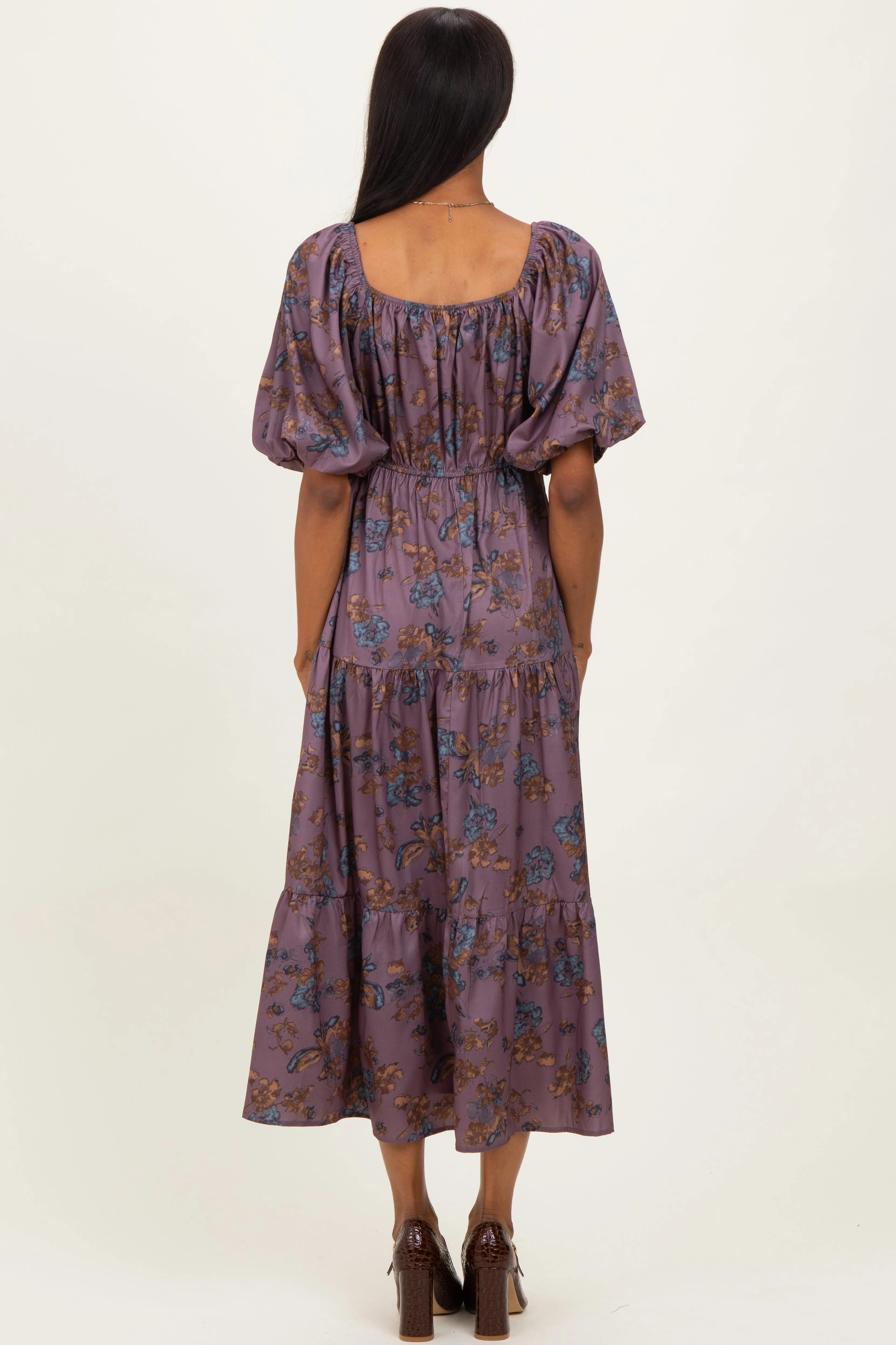 Dark Mauve Floral Bubble Sleeve Tiered Maxi Dress sold by Pinkblush product image thumbnail 3