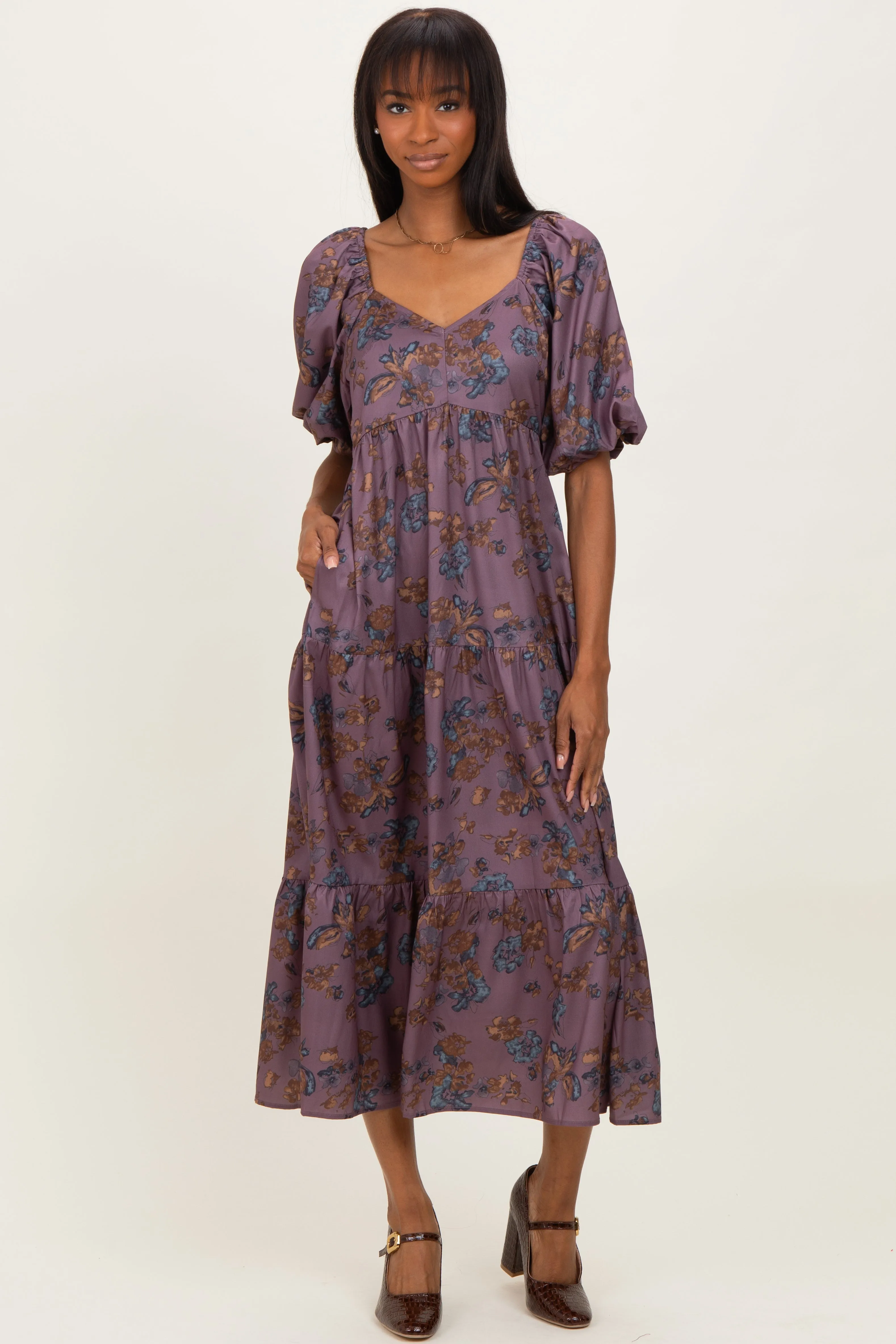 Dark Mauve Floral Bubble Sleeve Tiered Maxi Dress sold by Pinkblush