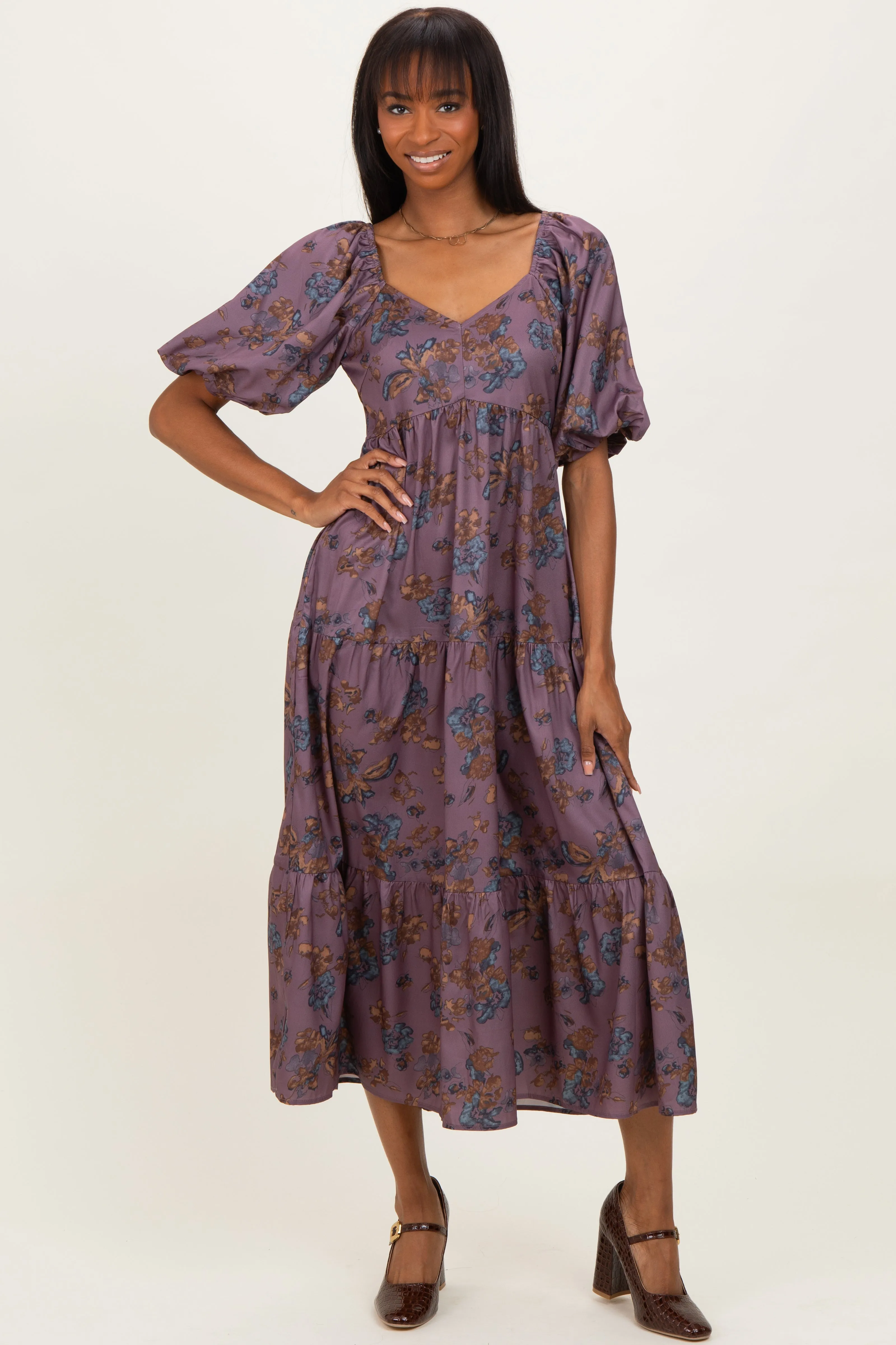 Dark Mauve Floral Bubble Sleeve Tiered Maxi Dress sold by Pinkblush product image thumbnail 2
