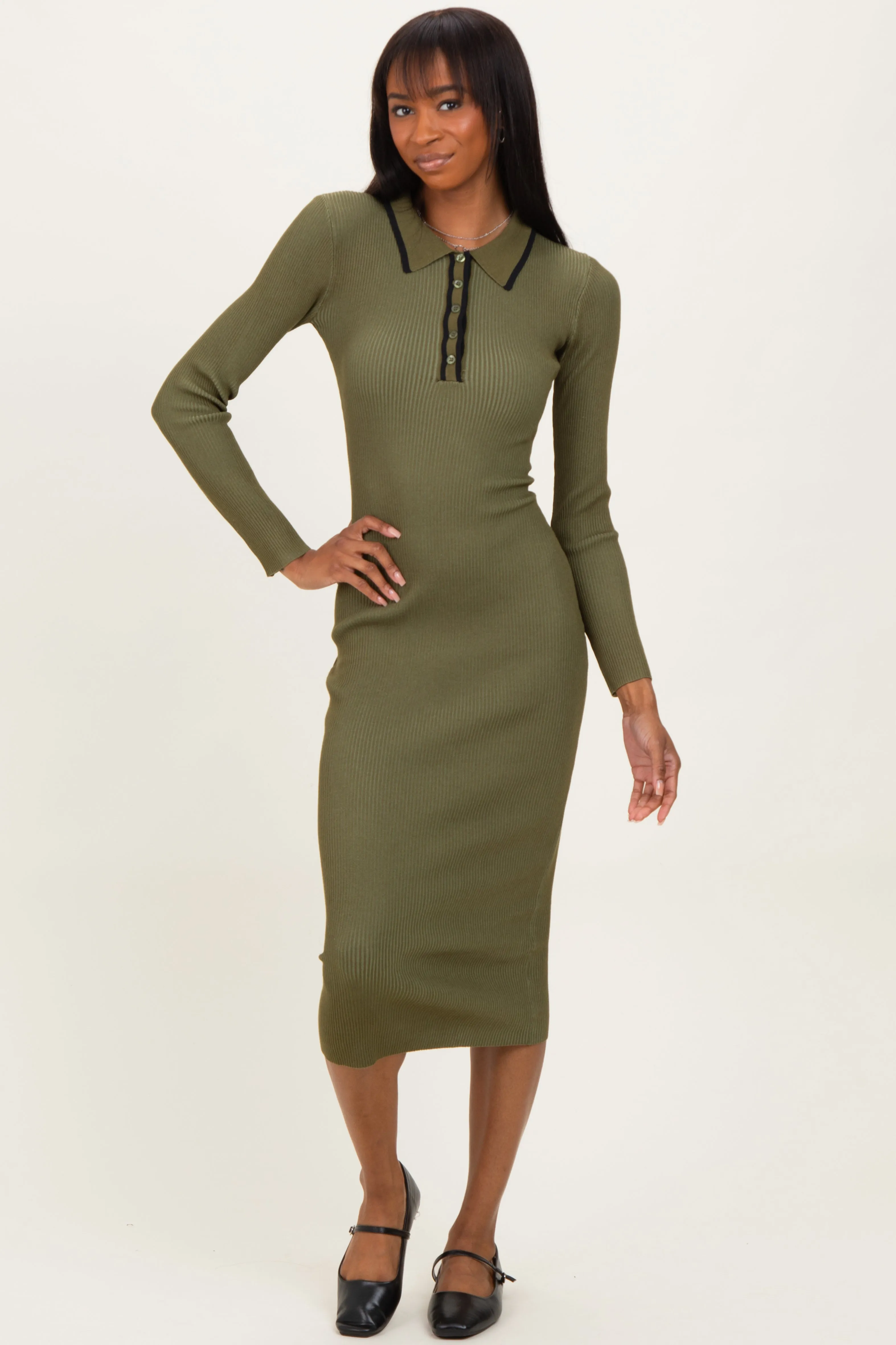 Olive Contrast Trim Ribbed Knit Button Up Midi Dress sold by Pinkblush product image thumbnail 2
