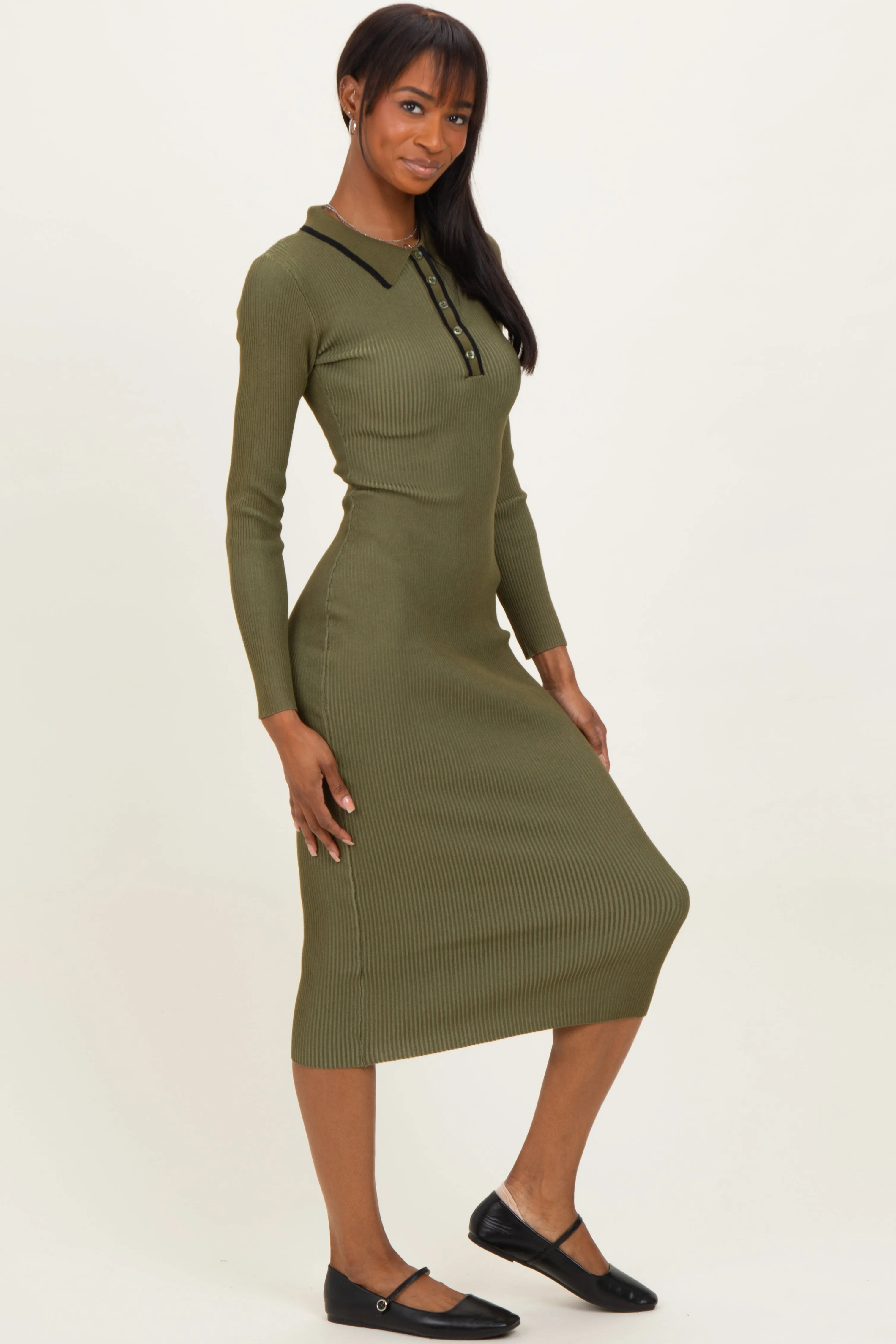 Olive Contrast Trim Ribbed Knit Button Up Midi Dress sold by Pinkblush product image thumbnail 3