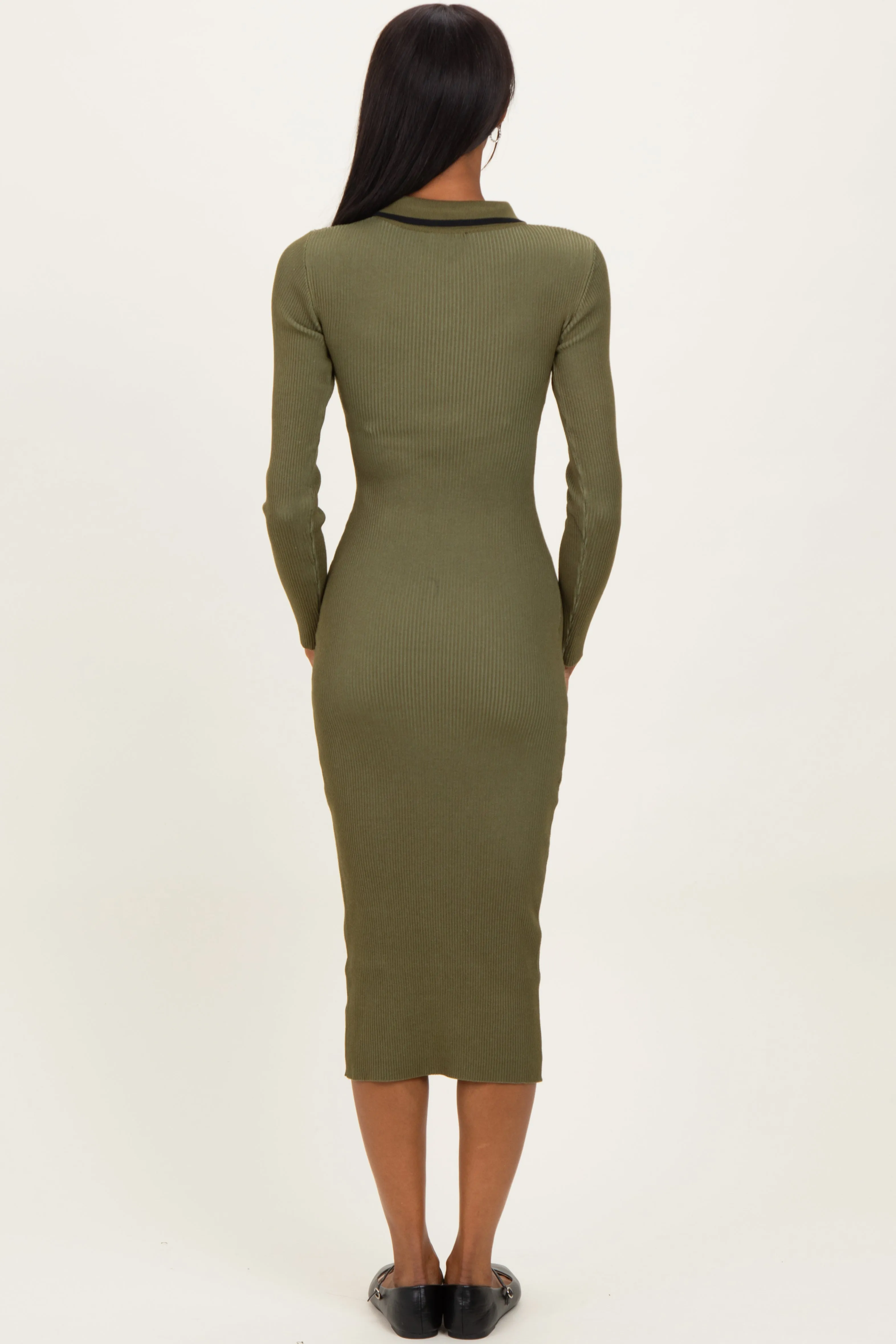 Olive Contrast Trim Ribbed Knit Button Up Midi Dress sold by Pinkblush product image thumbnail 4