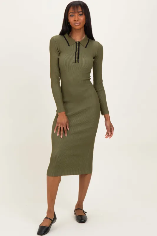 Olive Contrast Trim Ribbed Knit Button Up Midi Dress sold by Pinkblush
