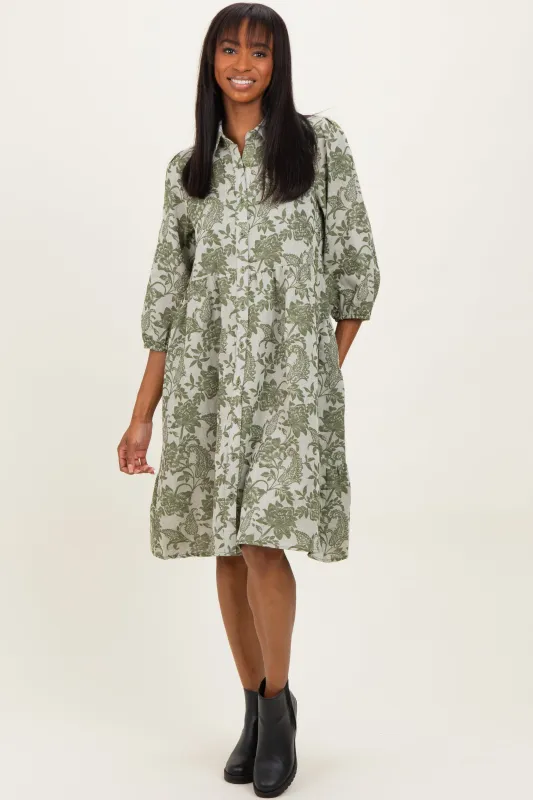 Olive Floral Button 3/4 Long Sleeve Midi Dress sold by Pinkblush
