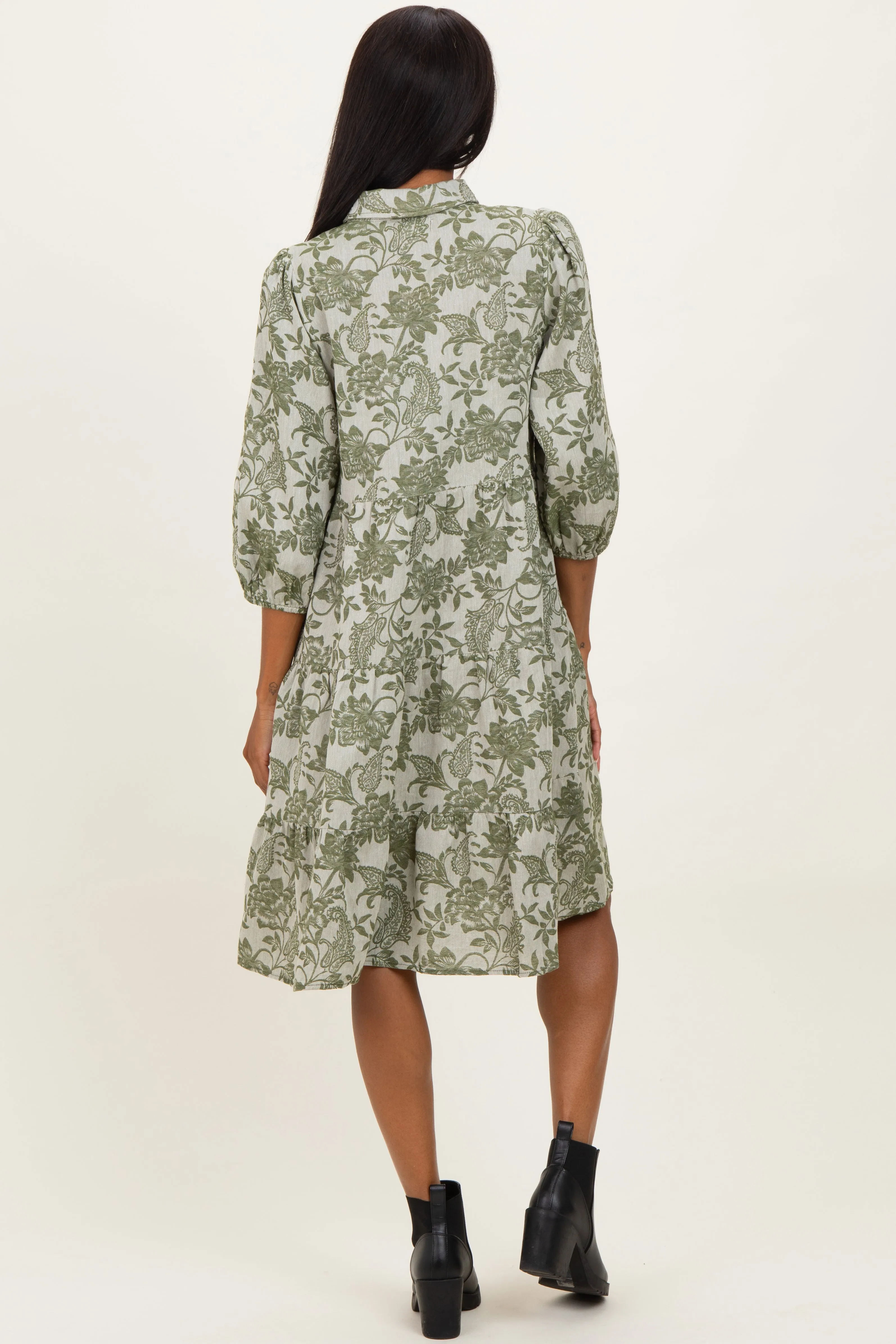 Olive Floral Button 3/4 Long Sleeve Midi Dress sold by Pinkblush product image thumbnail 2