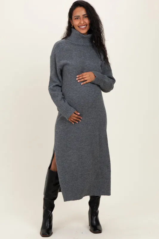 Charcoal Turtleneck Sweater Maternity Midi Dress sold by Pinkblush