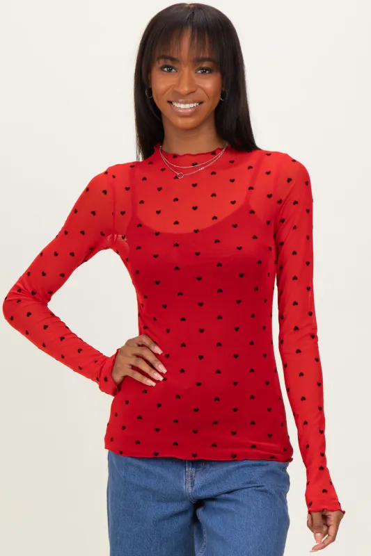 Red Mesh Heart High Neck Long Sleeve Top sold by Pinkblush