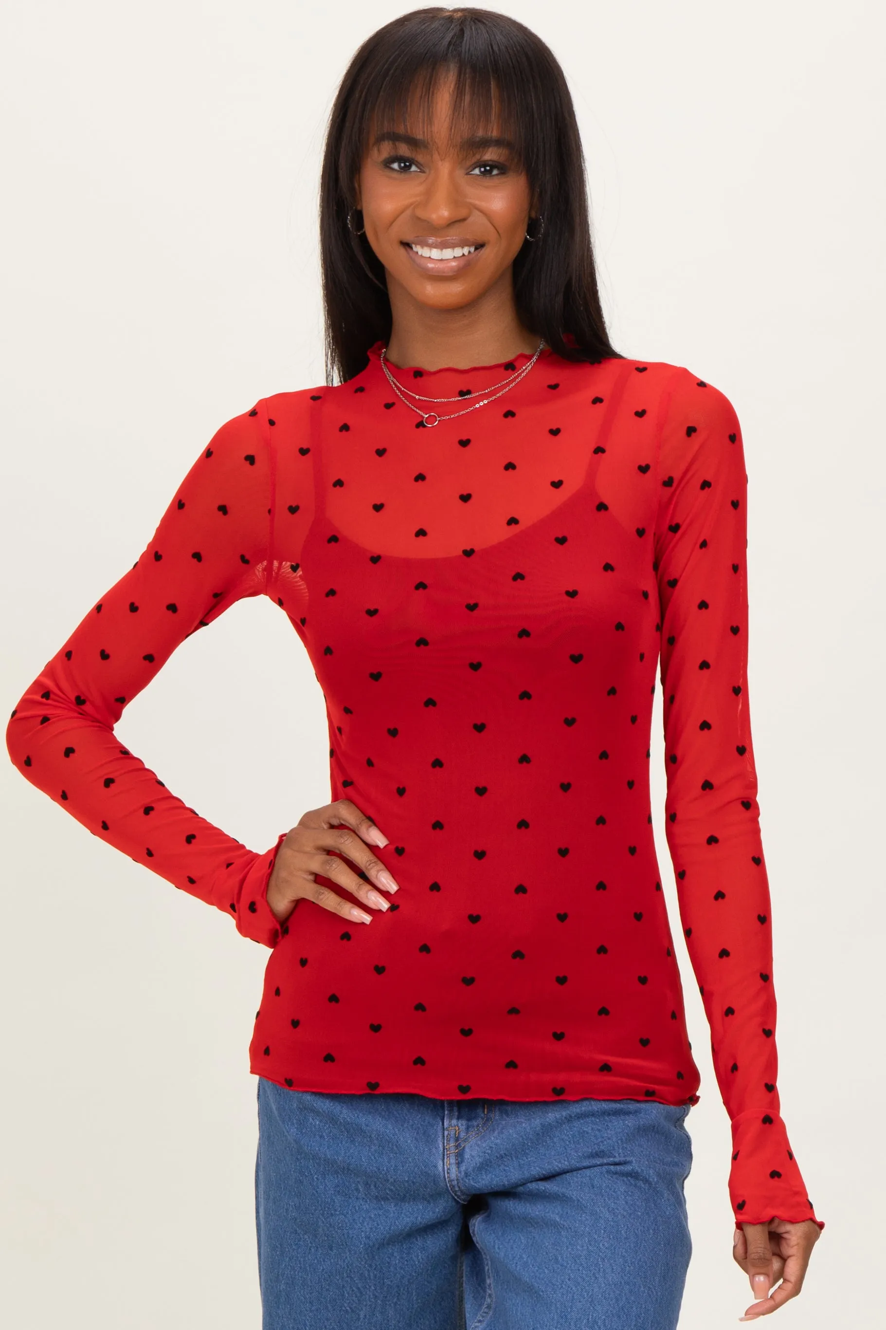 Red Mesh Heart High Neck Long Sleeve Top sold by Pinkblush