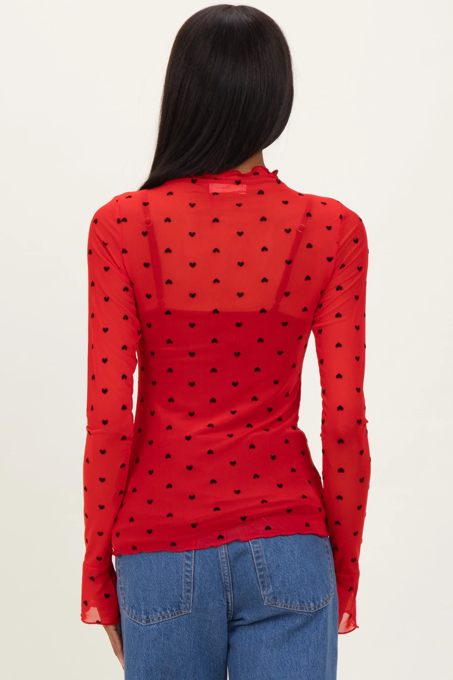 Red Mesh Heart High Neck Long Sleeve Top sold by Pinkblush product image thumbnail 2