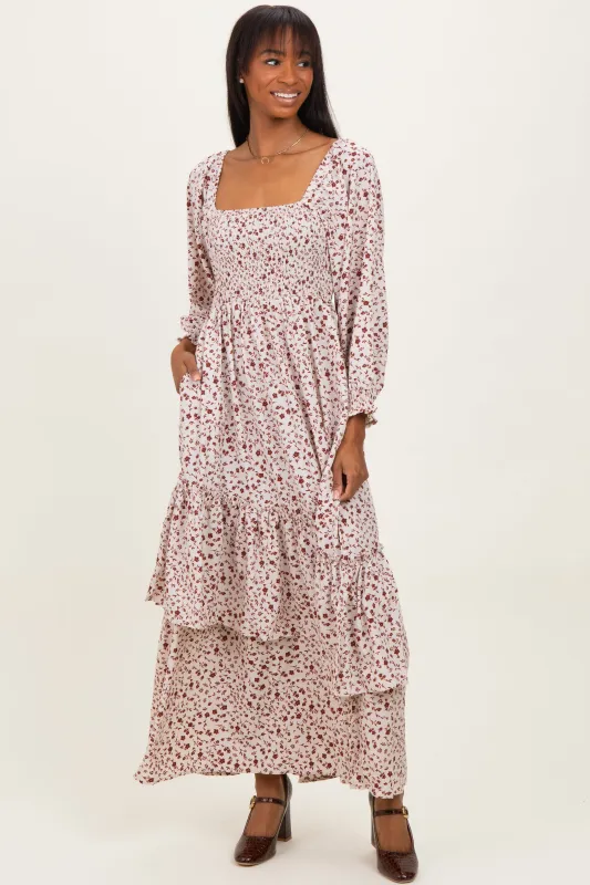 Cream Floral Asymmetrical Ruffle Hem Maxi Dress sold by Pinkblush