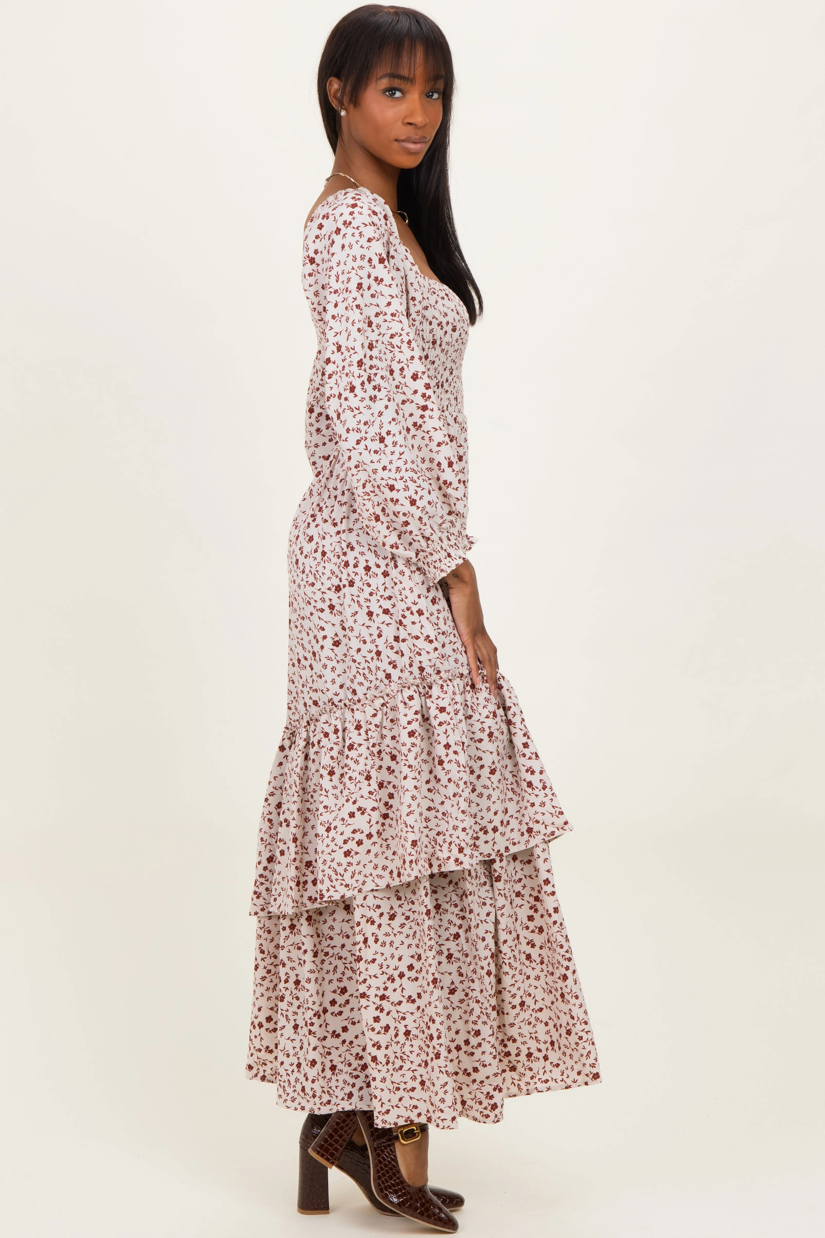 Cream Floral Asymmetrical Ruffle Hem Maxi Dress sold by Pinkblush product image thumbnail 2