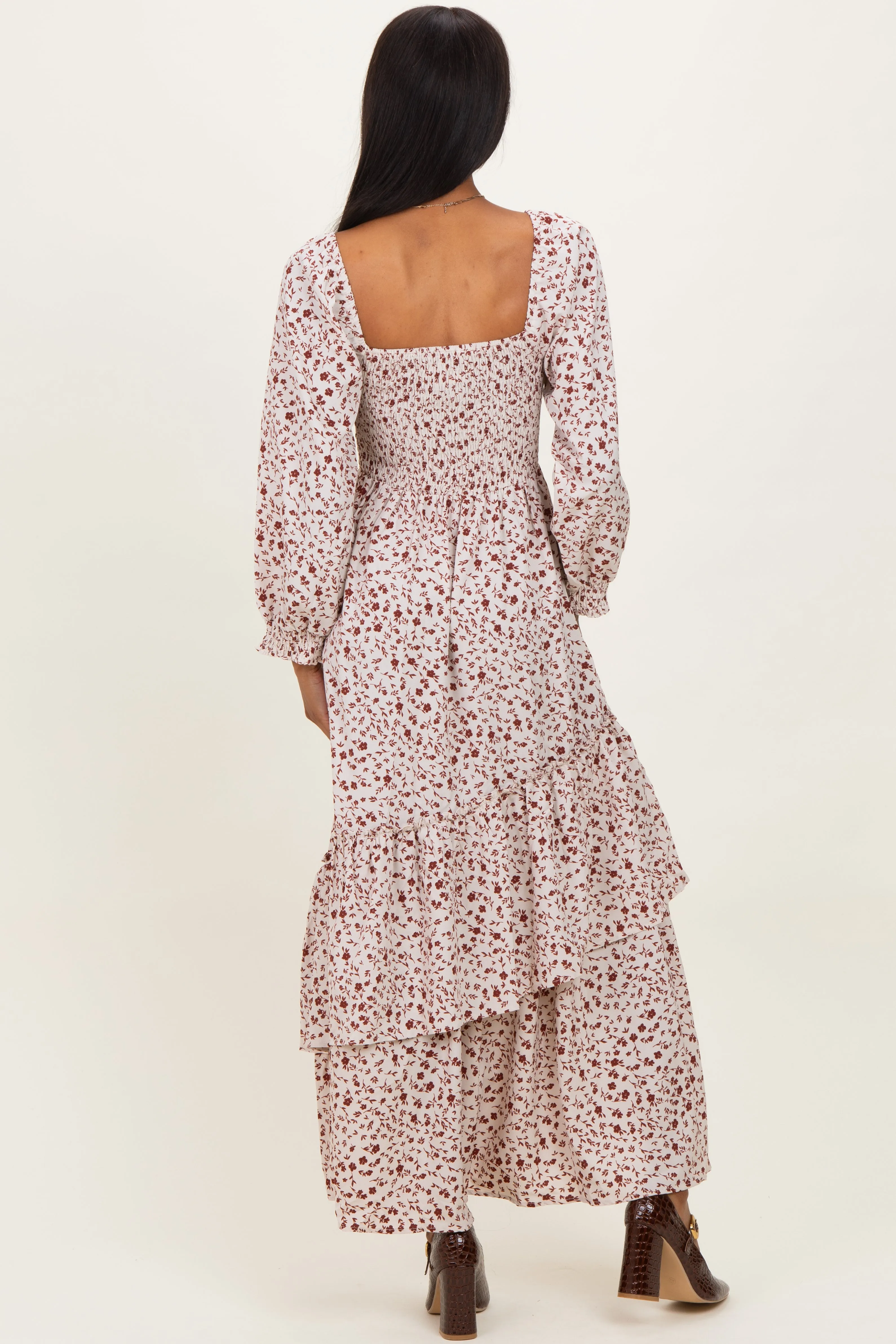Cream Floral Asymmetrical Ruffle Hem Maxi Dress sold by Pinkblush product image thumbnail 3