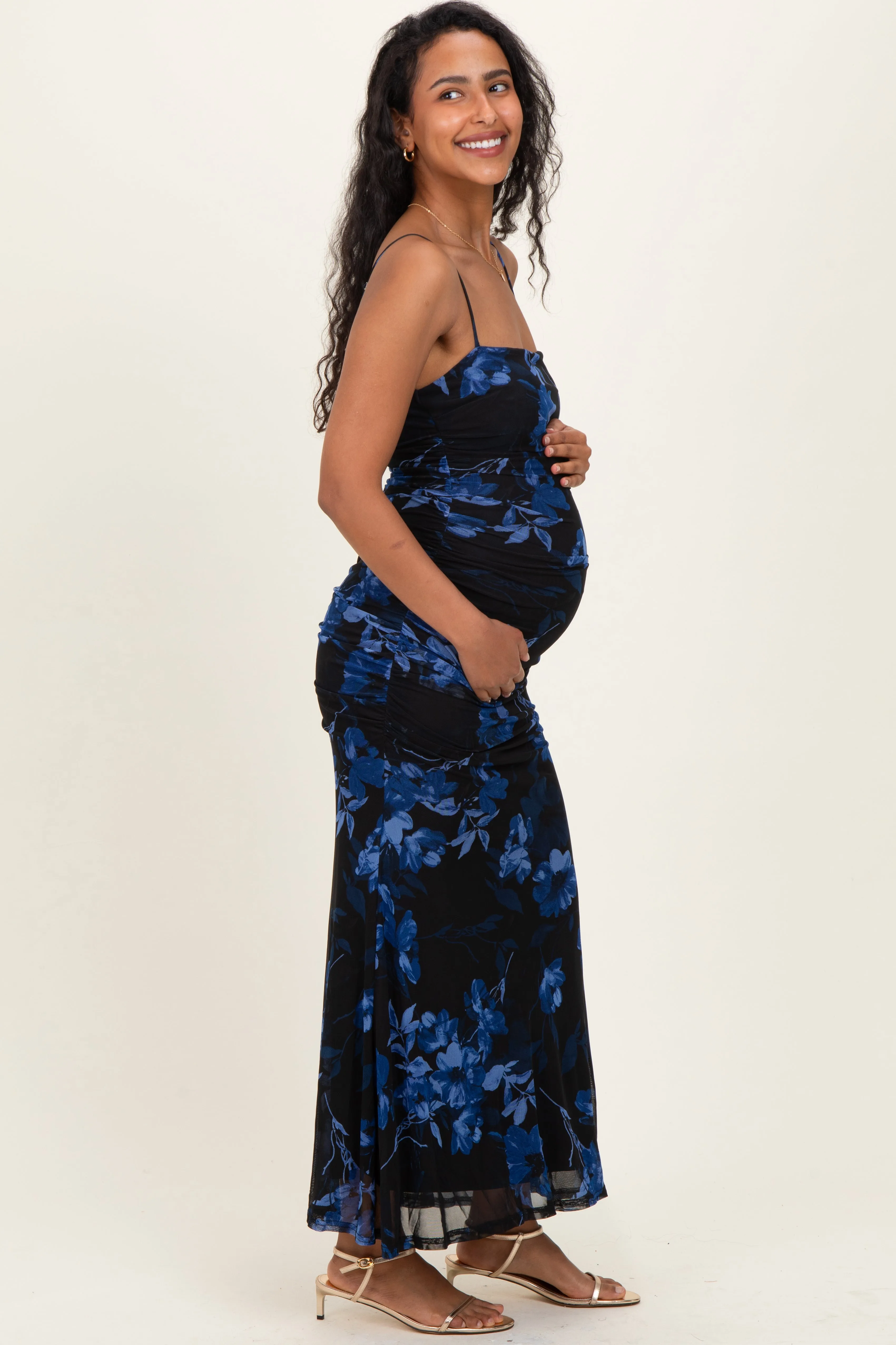 Black Floral Ruched Mesh Maternity Maxi Dress sold by Pinkblush product image thumbnail 3