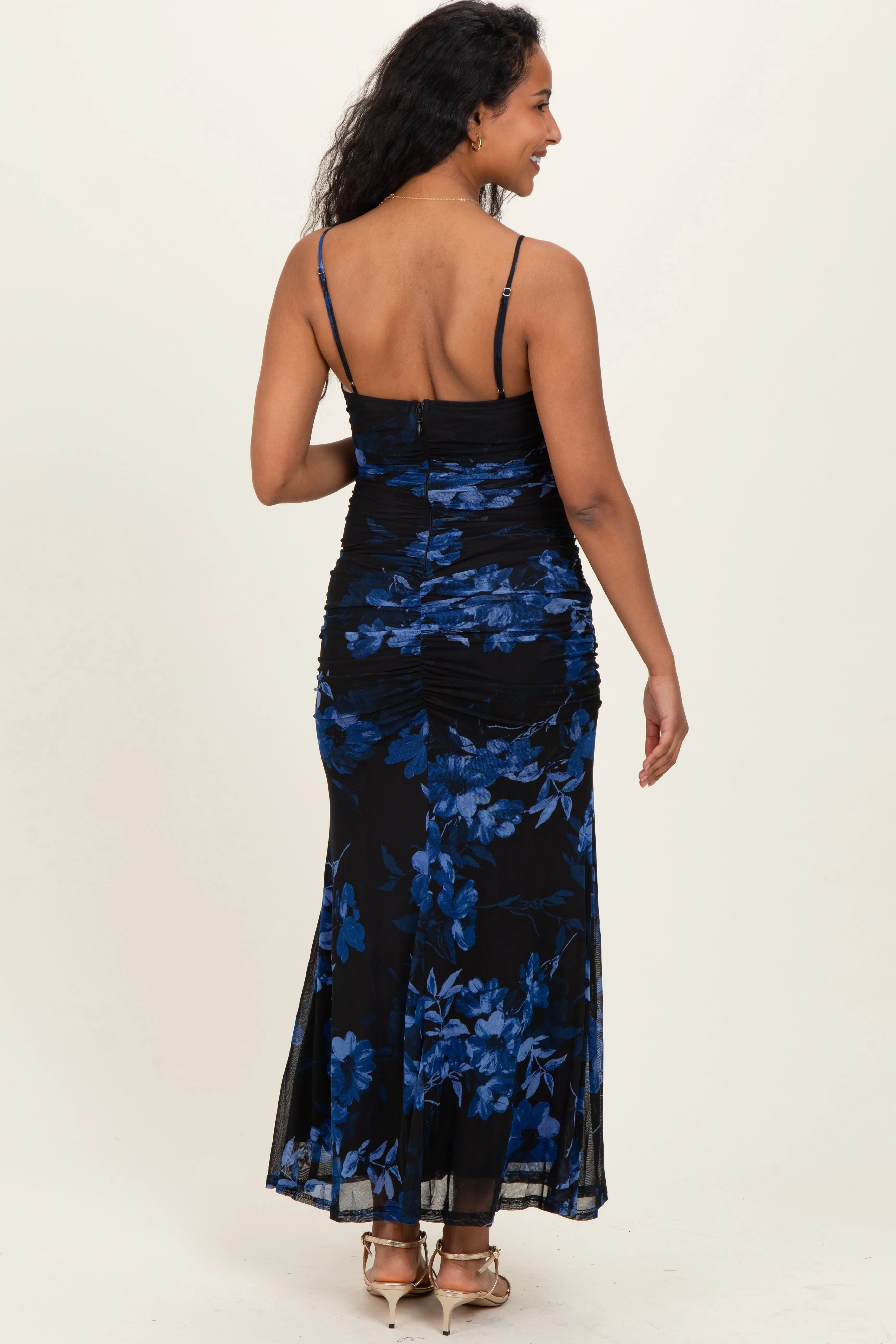 Black Floral Ruched Mesh Maternity Maxi Dress sold by Pinkblush product image thumbnail 4